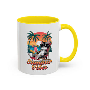 Summer Vibes Coffee Mug, Tropical Cat Mug, Beach Lover Gift, Fun Animal Sipware, Vacation-themed Drinkware, Pet Lover Cup
