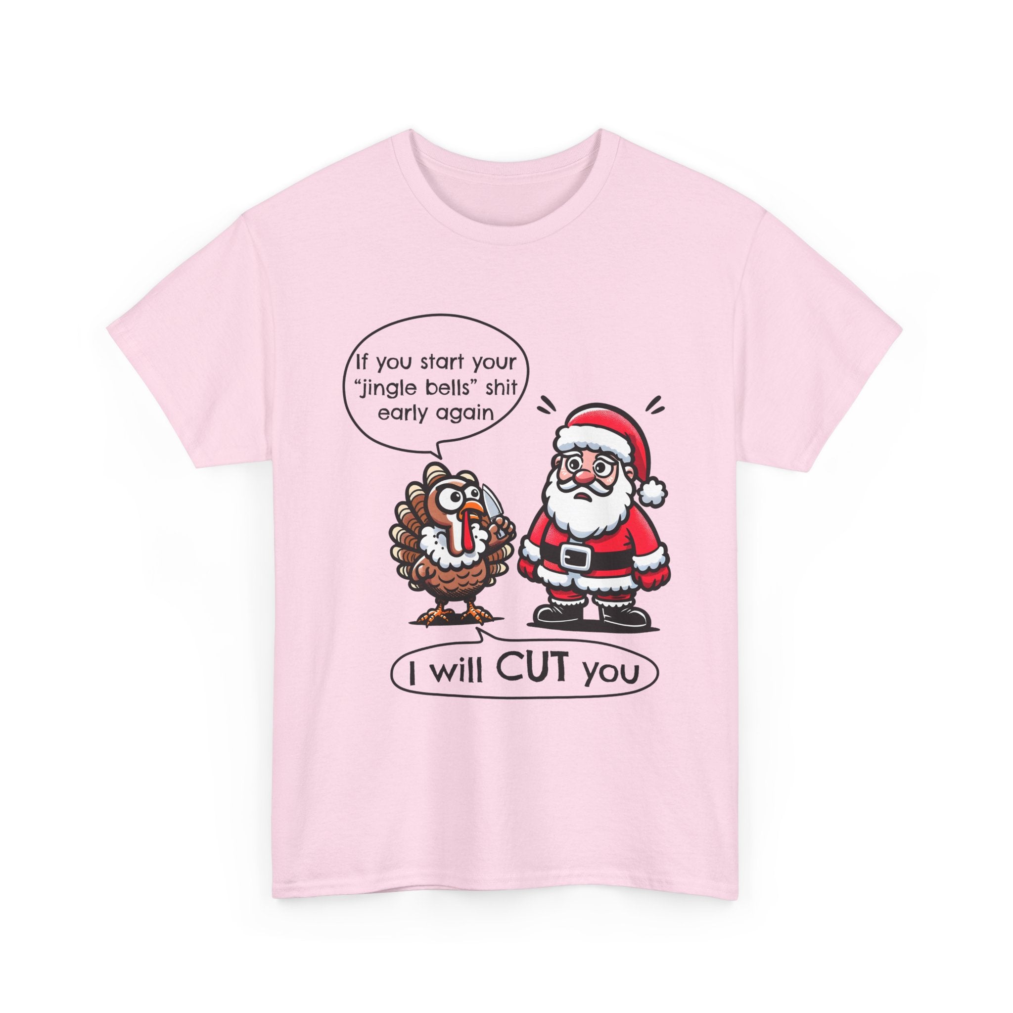 Funny Holiday Tee: 'I Will CUT You' Santa & Turkey Design, Christmas Gift, Unisex Cotton Shirt, Thanksgiving Humor, Festive Apparel