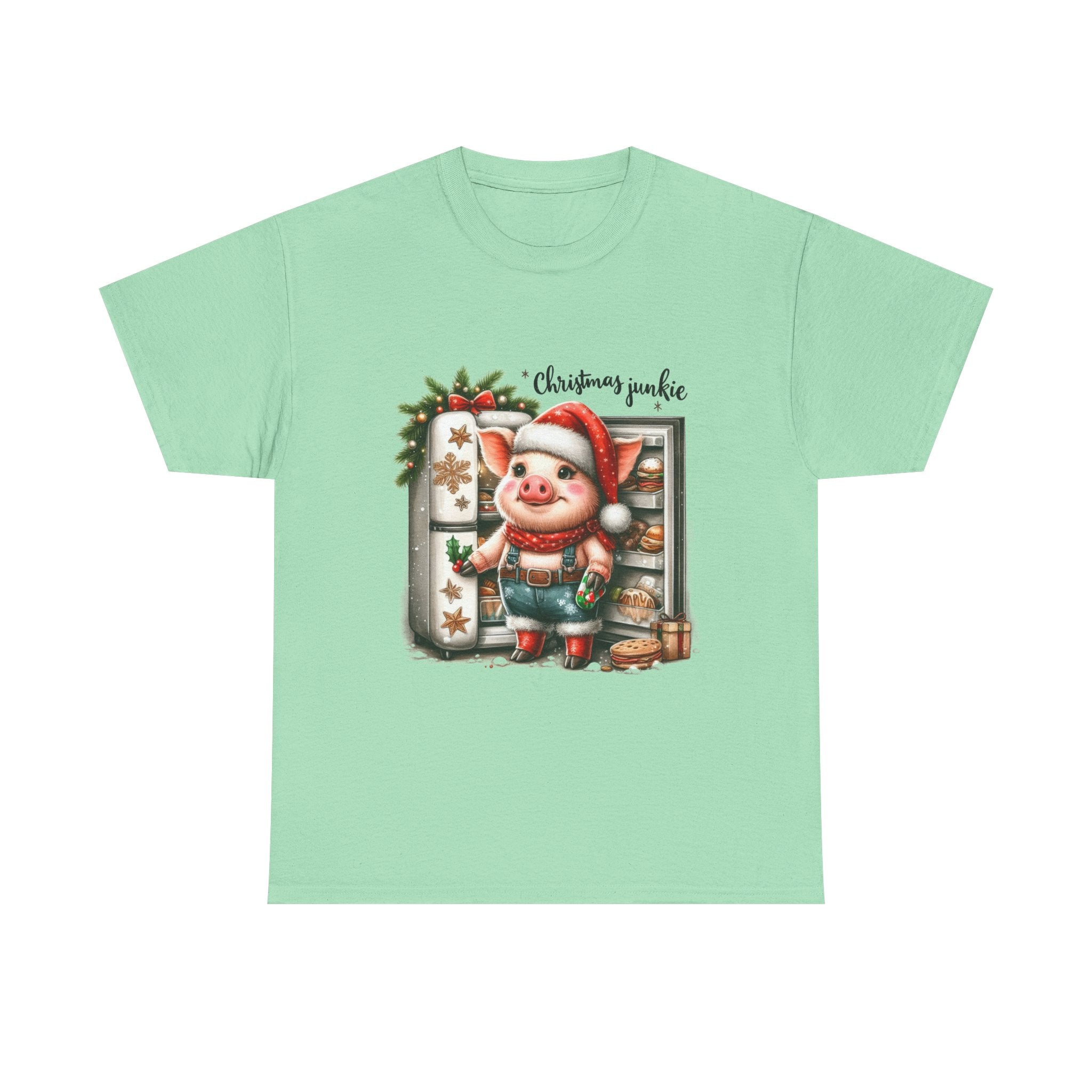 Christmas Junkie Unisex Cotton Tee, Fun Holiday Shirt, Christmas Gift, Pig T-Shirt, Festive Apparel, Cute Christmas Outfit