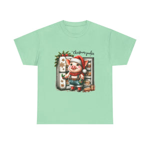 Christmas Junkie Unisex Cotton Tee, Fun Holiday Shirt, Christmas Gift, Pig T-Shirt, Festive Apparel, Cute Christmas Outfit