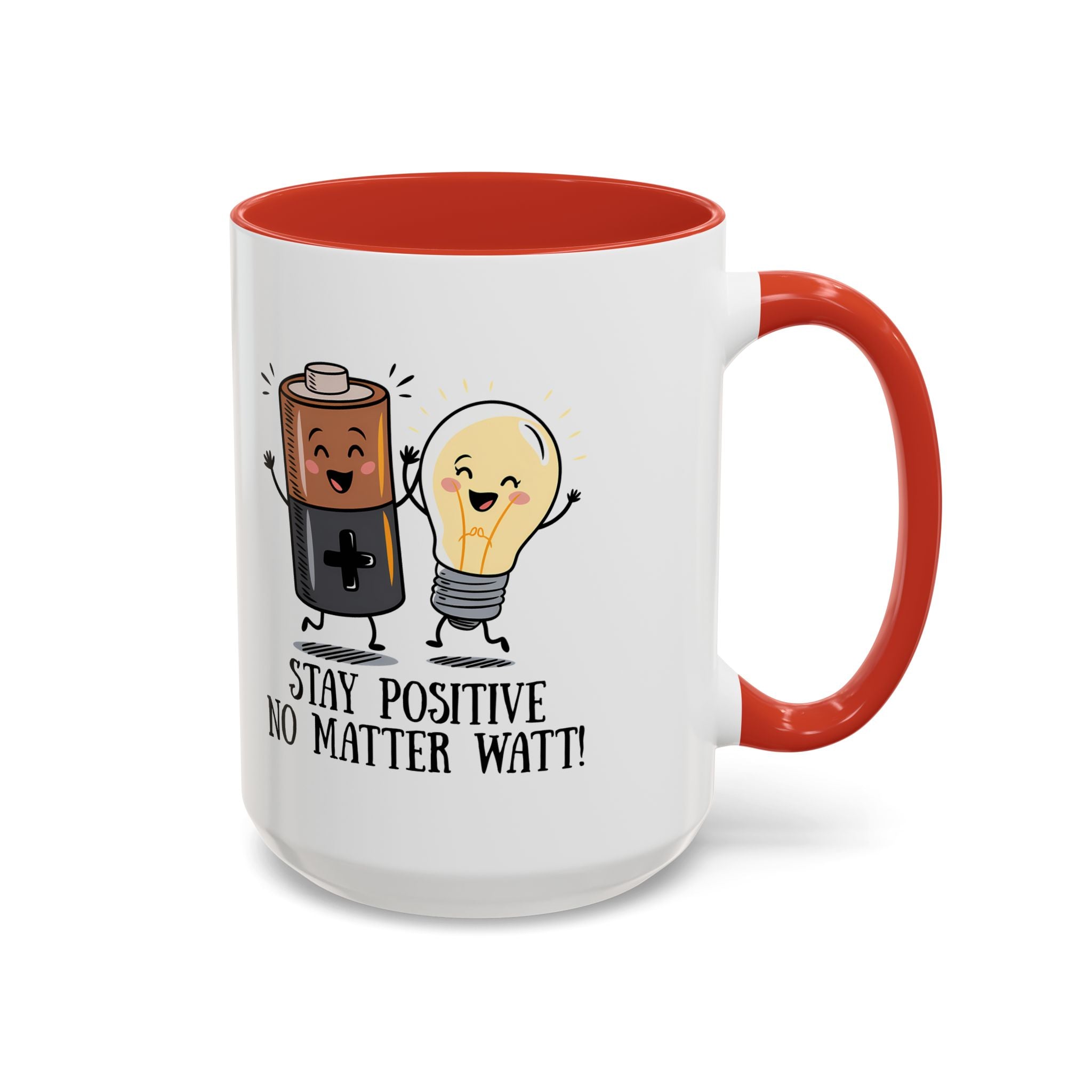 Stay Positive Accent Coffee Mug - 11oz & 15oz - Cute Light Bulb & Battery Design