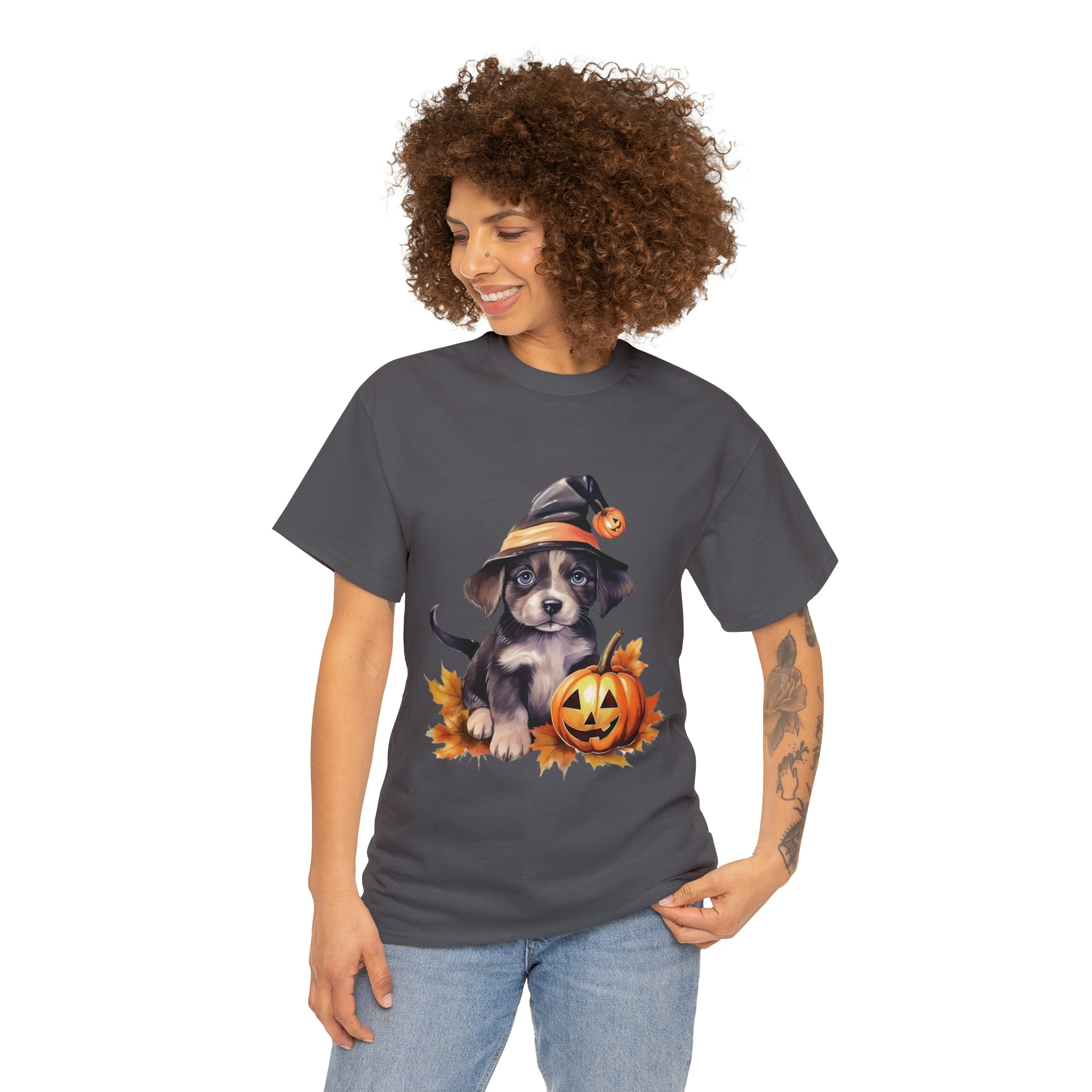 halloween t shirt puppy in witch hat cute gift for her stocking stuffer fall fun item for whole family Unisex Heavy Cotton Tee