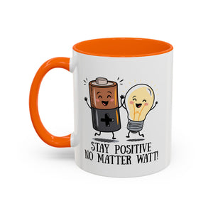 Stay Positive Accent Coffee Mug - 11oz & 15oz - Cute Light Bulb & Battery Design