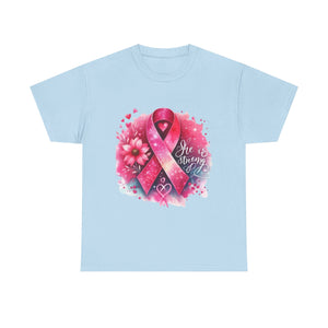 Breast Cancer Awareness Tee - She is Strong, Support Shirt, Gift for Fighters, Awareness Month Apparel, Inspirational T-Shirt