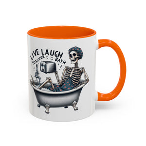 Skeleton Bath Time Coffee Mug, Live Laugh Roast & Relax Skeleton Mug, Funny Gift for Halloween, Quirky Kitchen Decor, Unique Coffee Cup