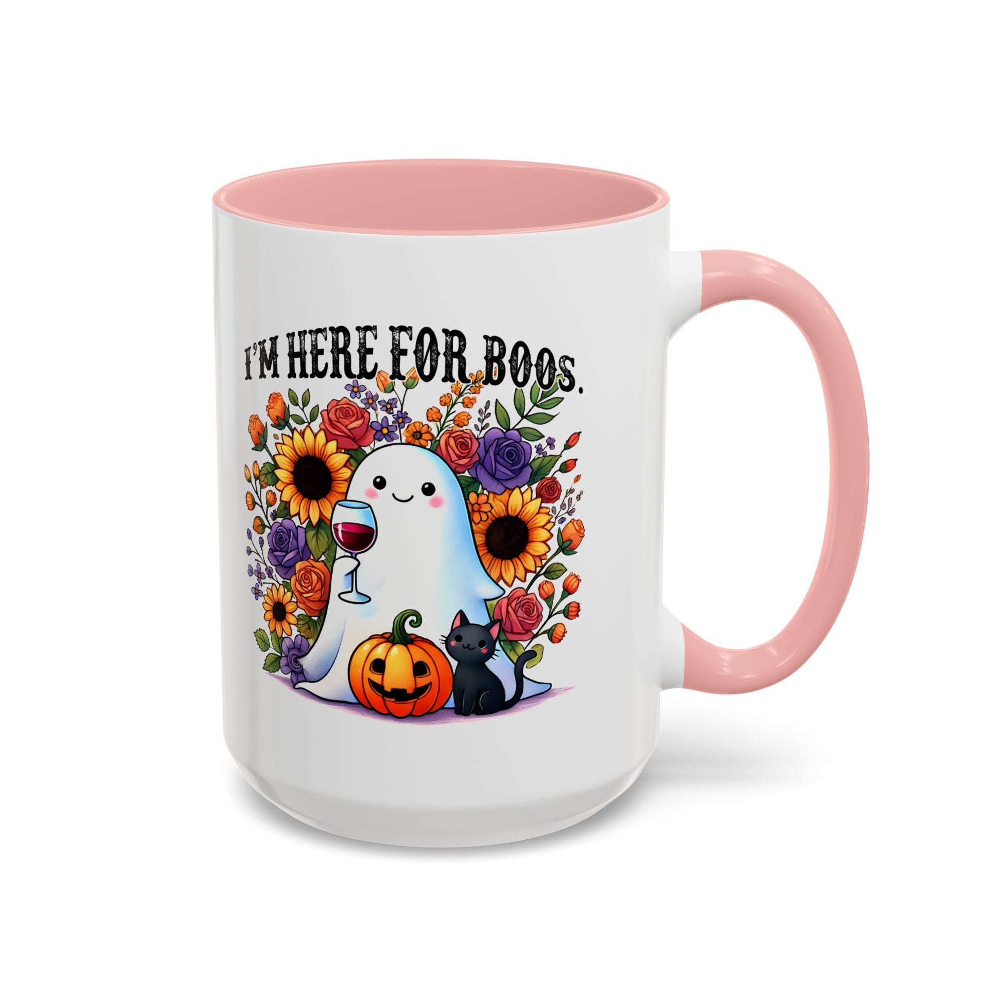Spooky Floral Coffee Mug - I'm Here for Boos, Halloween Gift, Autumn Decor, Cute Ghost Mug, Cat Lover Drinkware