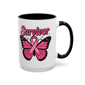 Survivor Butterfly Coffee Mug, Inspirational Gift, Pink Ribbon Mug, Breast Cancer Awareness, Empowerment Cup, Motivational Drinkware