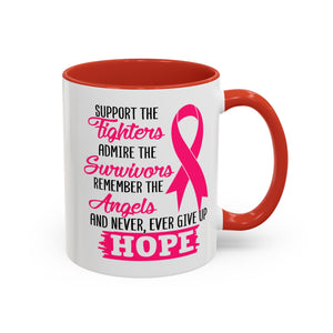 Inspirational Pink Ribbon Coffee Mug: Support Fighters, Admire Survivors, Celebrate Hope, Gift for Cancer Awareness, Motivational Mug