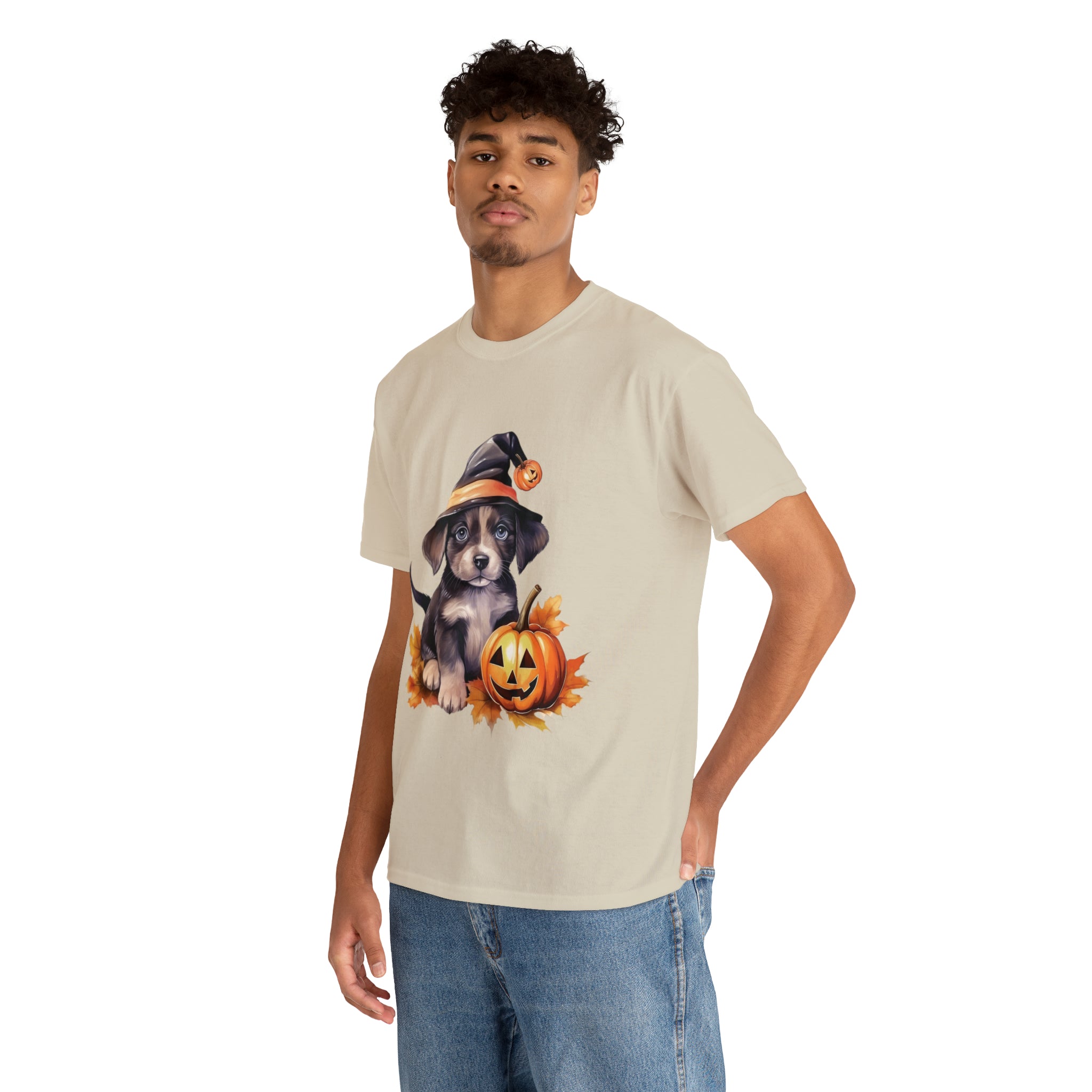 halloween t shirt puppy in witch hat cute gift for her stocking stuffer fall fun item for whole family Unisex Heavy Cotton Tee