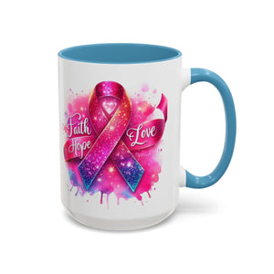 Inspirational Ribbon Coffee Mug - Faith, Hope, Love, Support, Gift for Cancer Awareness, Breast Cancer, Encouragement, Motivational