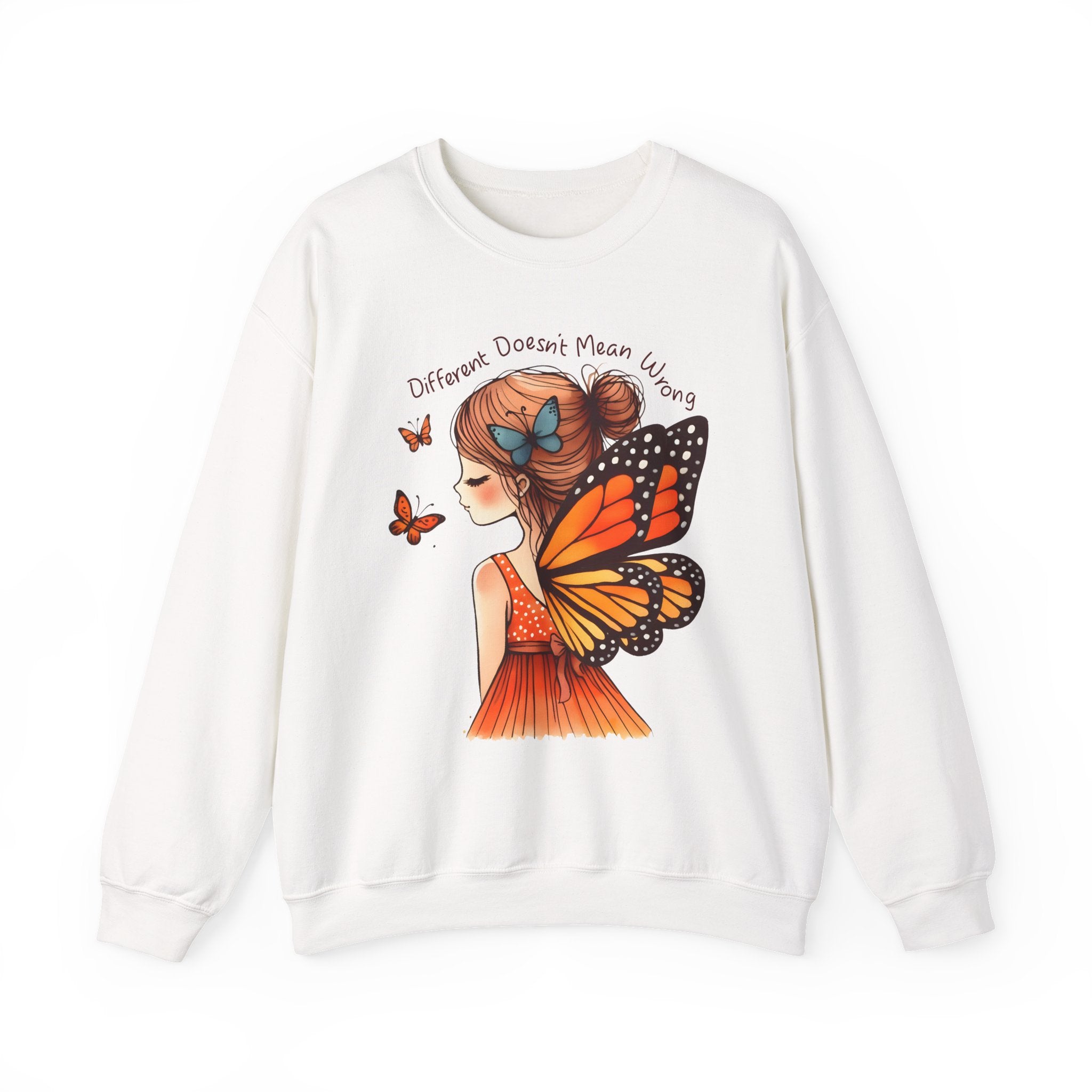 Butterfly Girl Crewneck Sweatshirt — "Different Doesn’t Mean Wrong" Graphic