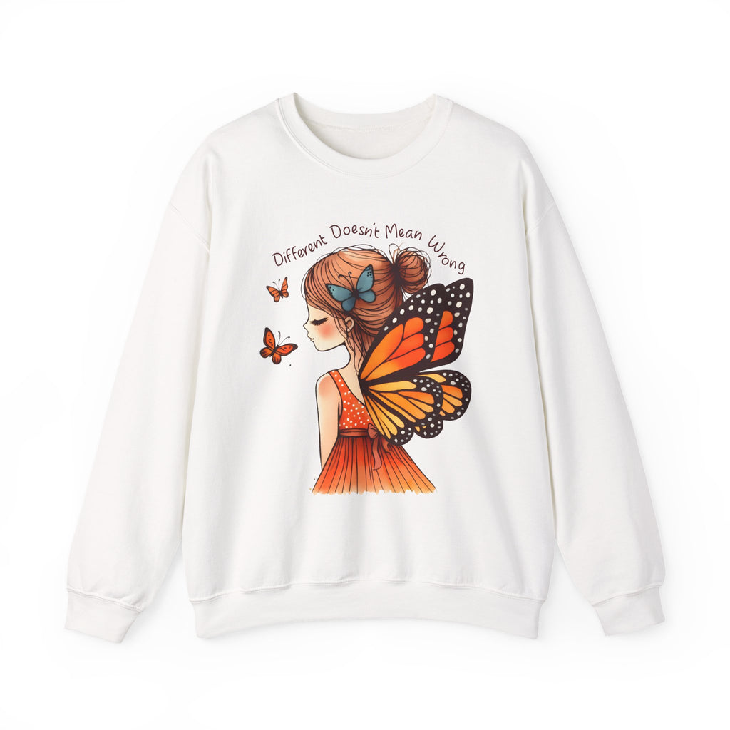 Butterfly Girl Crewneck Sweatshirt — "Different Doesn’t Mean Wrong" Graphic