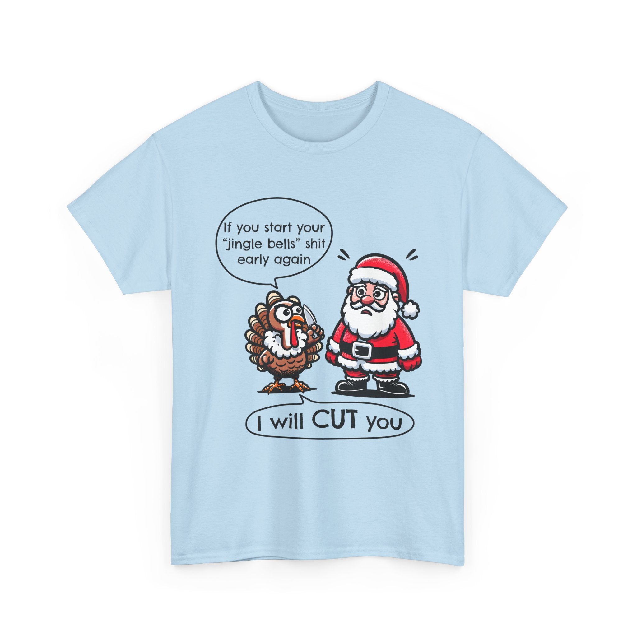 Funny Holiday Tee: 'I Will CUT You' Santa & Turkey Design, Christmas Gift, Unisex Cotton Shirt, Thanksgiving Humor, Festive Apparel