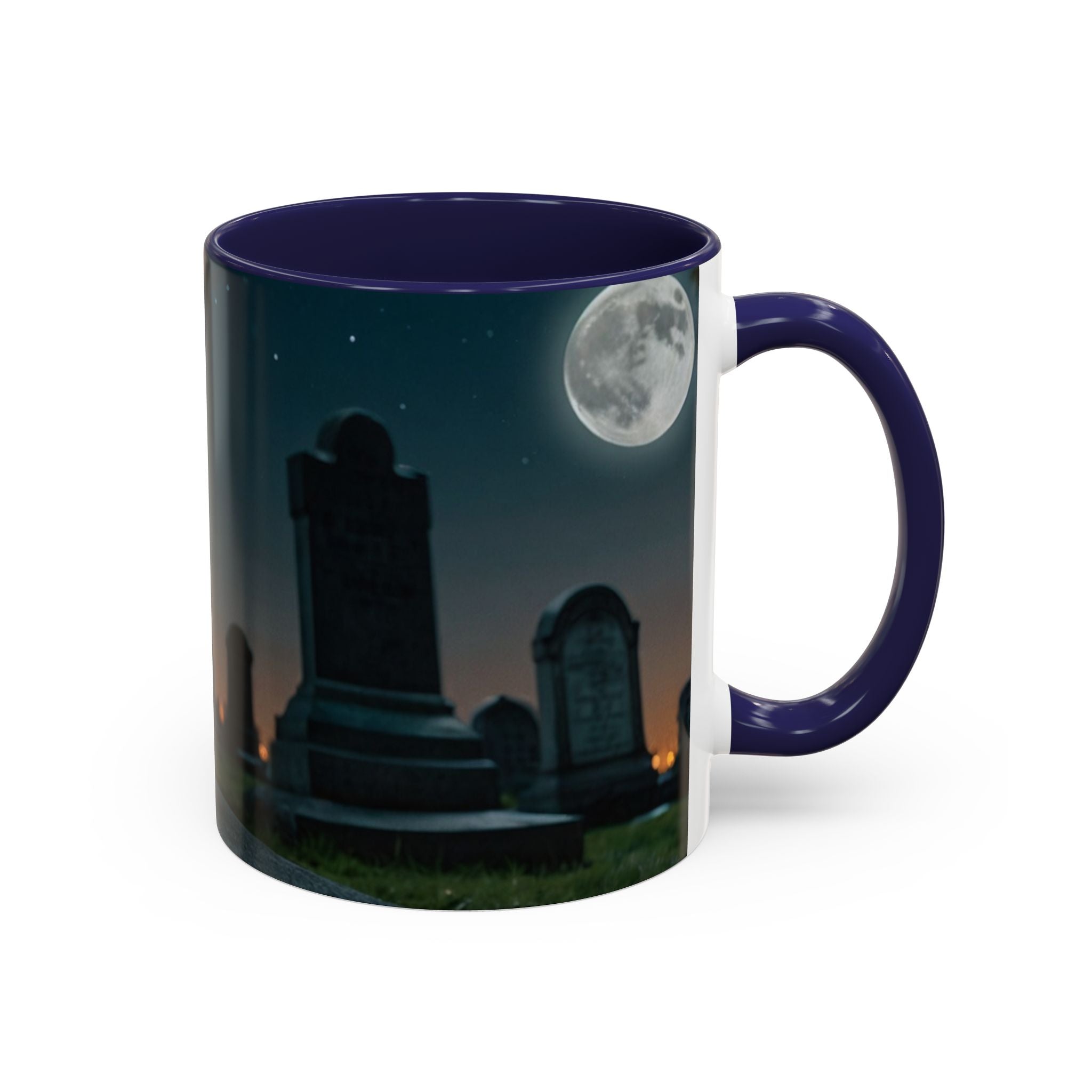 Spooky Black Cat Accent Coffee Mug in graveyard at night with full moon halloween