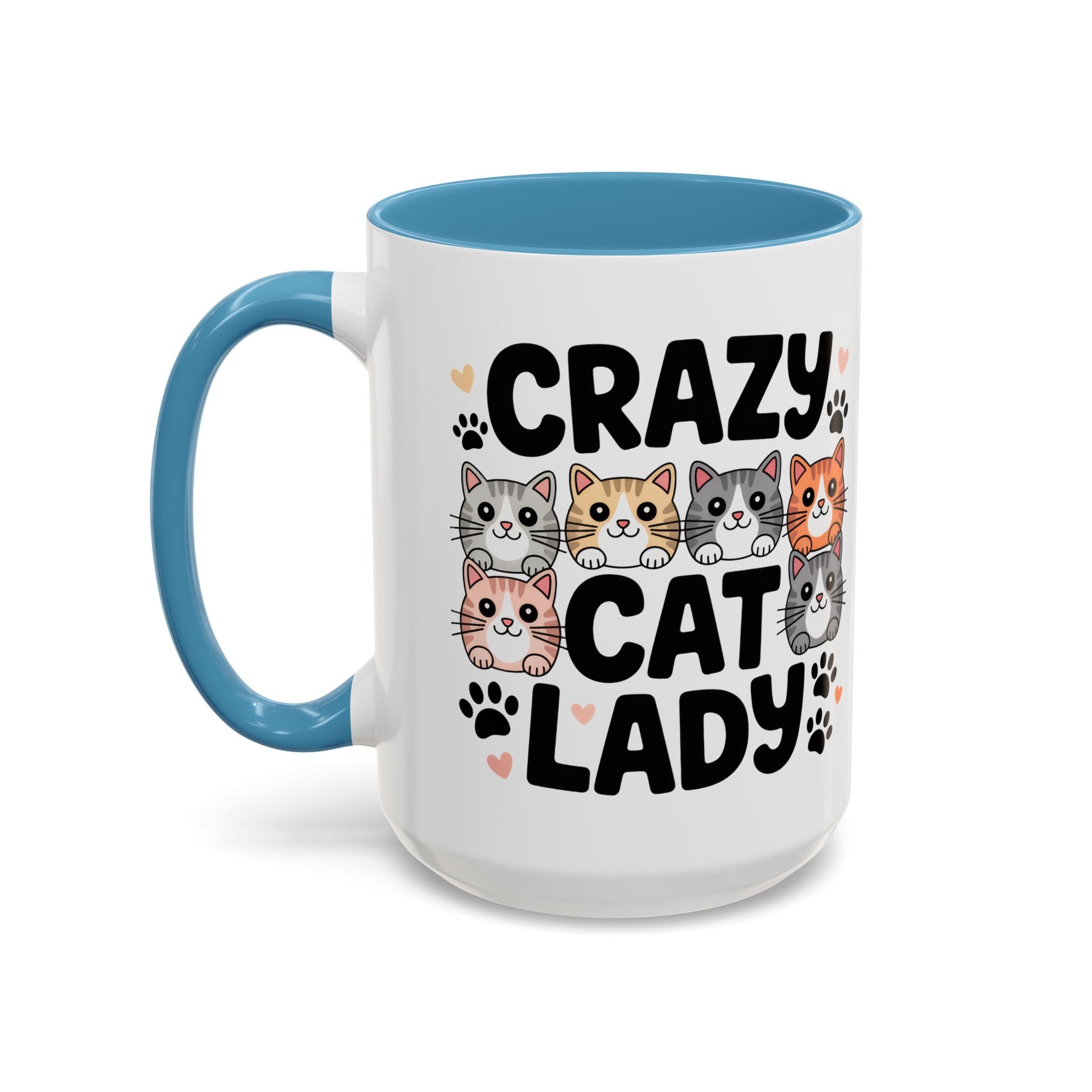 Crazy Cat Lady Accent Coffee Mug — Cute Cat Faces Paw Print 11/15oz