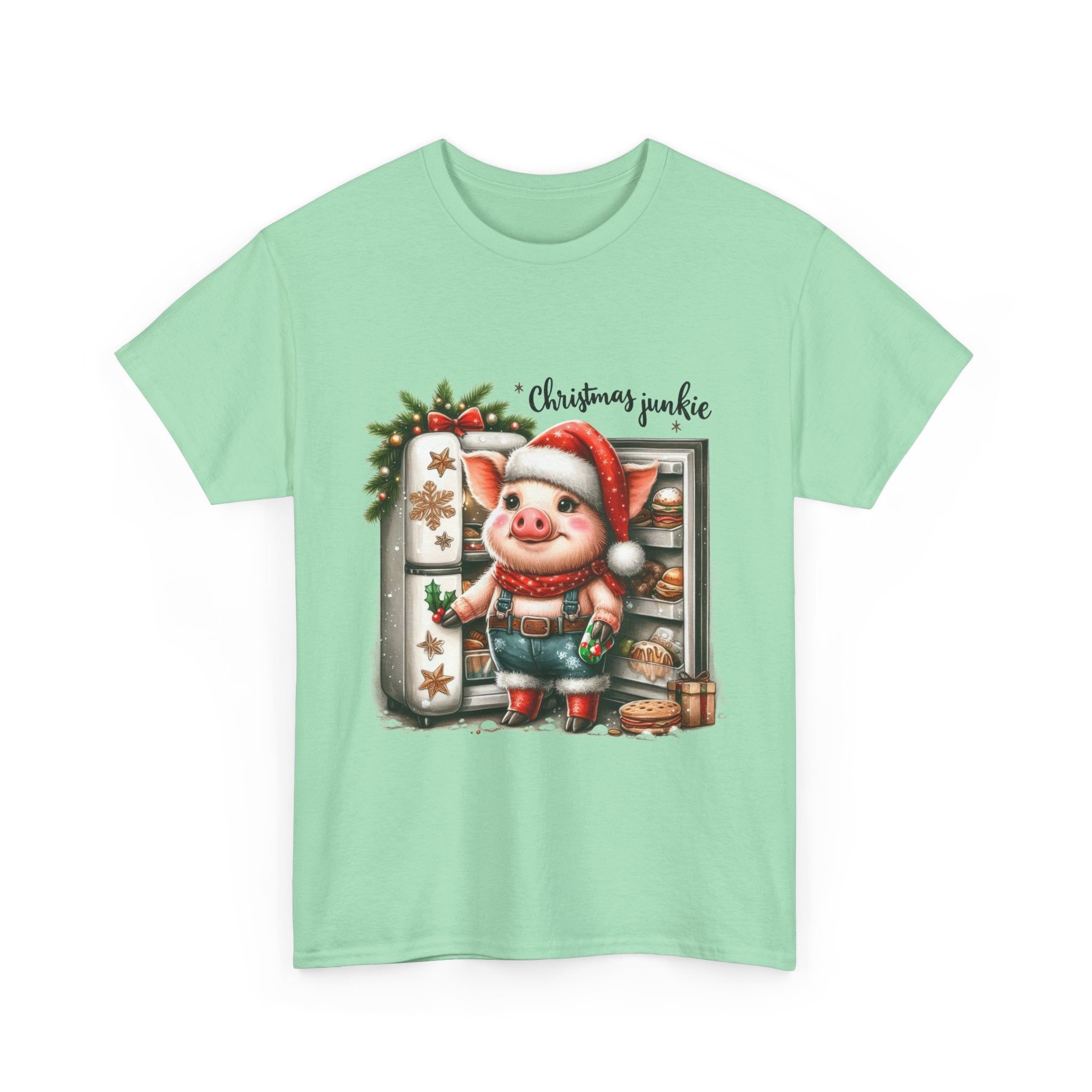 Christmas Junkie Unisex Cotton Tee, Fun Holiday Shirt, Christmas Gift, Pig T-Shirt, Festive Apparel, Cute Christmas Outfit