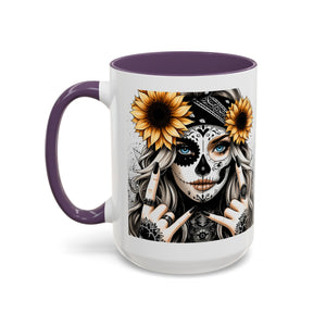 Sunflower Skull Accent Coffee Mug, Gothic Floral Mug, Unique Gift for Coffee Lovers, Boho Decor, Halloween Mug, Artful Drinkware