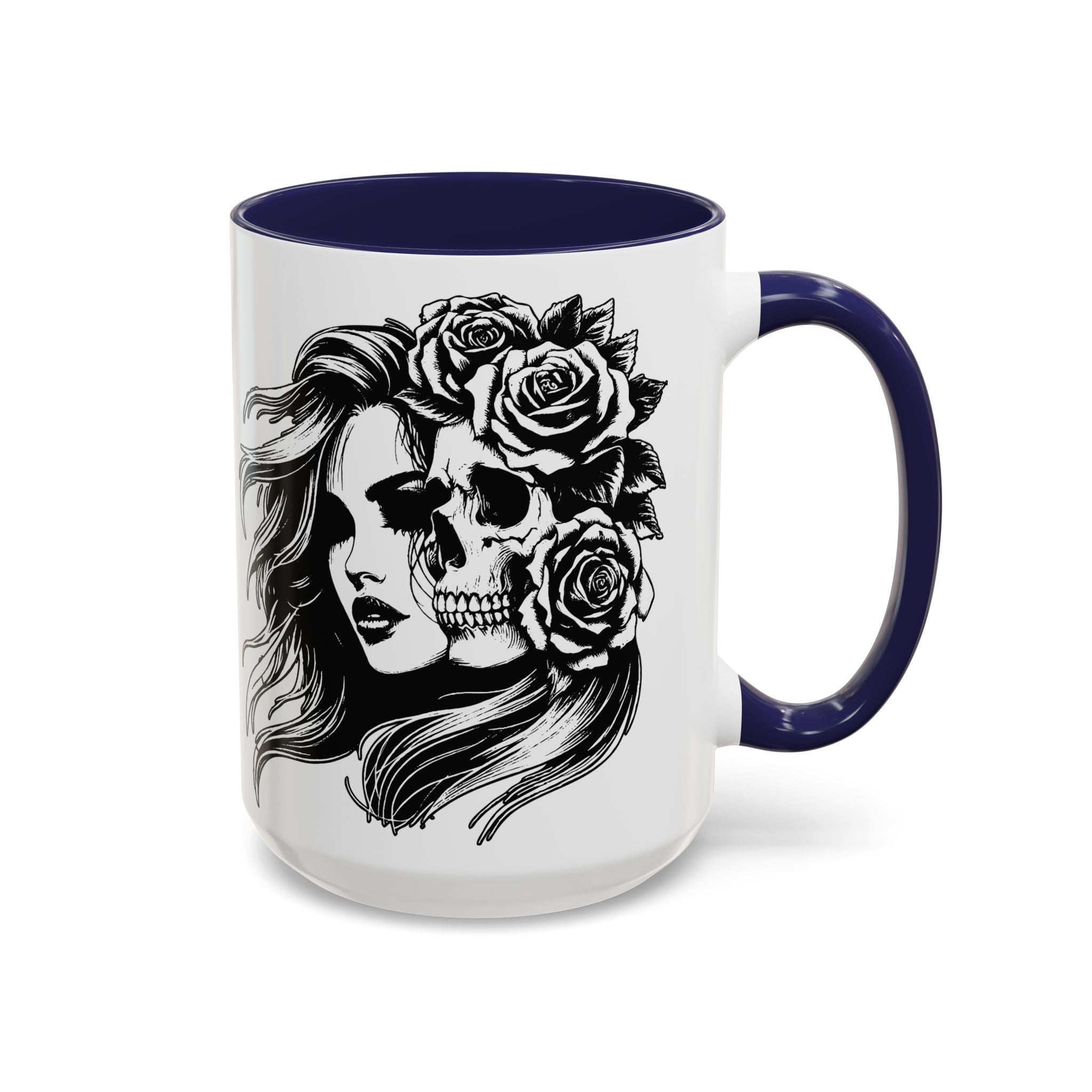 Skull & Rose Accent Coffee Mug — Gothic Half-Skull Woman 11/15oz