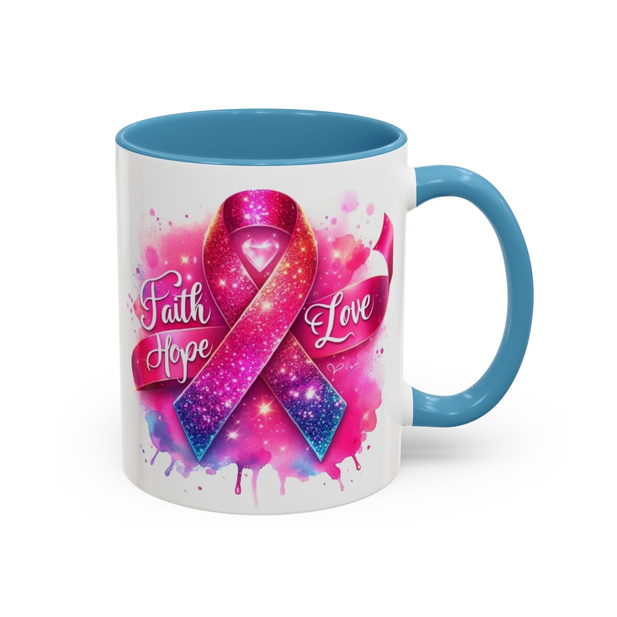 Inspirational Ribbon Coffee Mug - Faith, Hope, Love, Support, Gift for Cancer Awareness, Breast Cancer, Encouragement, Motivational