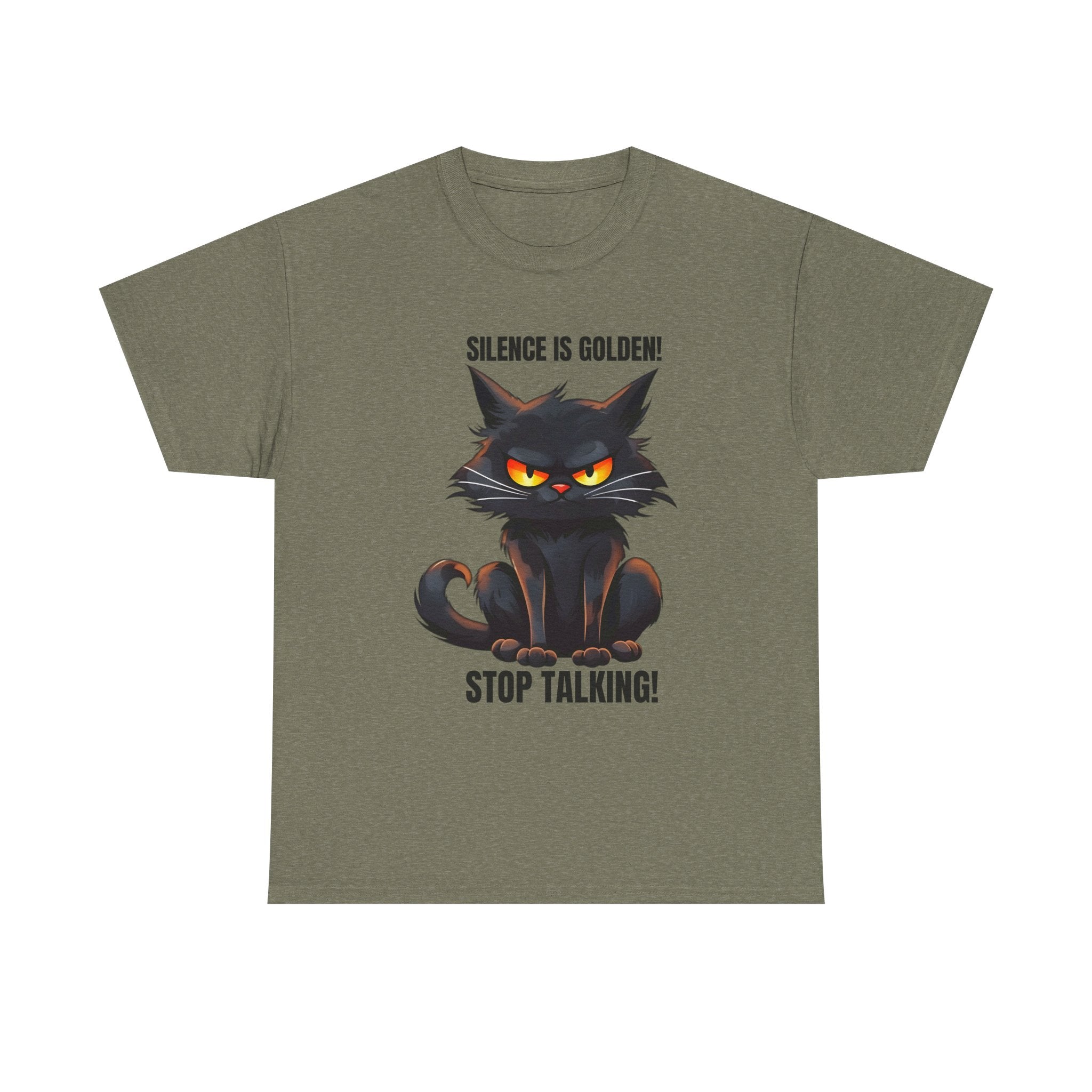 sarcasm Funny Cat Tee - "Silence is Golden! Stop Talking!" - Cute Cat Graphic T-Shirt, Gift for Cat Lovers,  Humor Shirt, Pet Owner Apparel