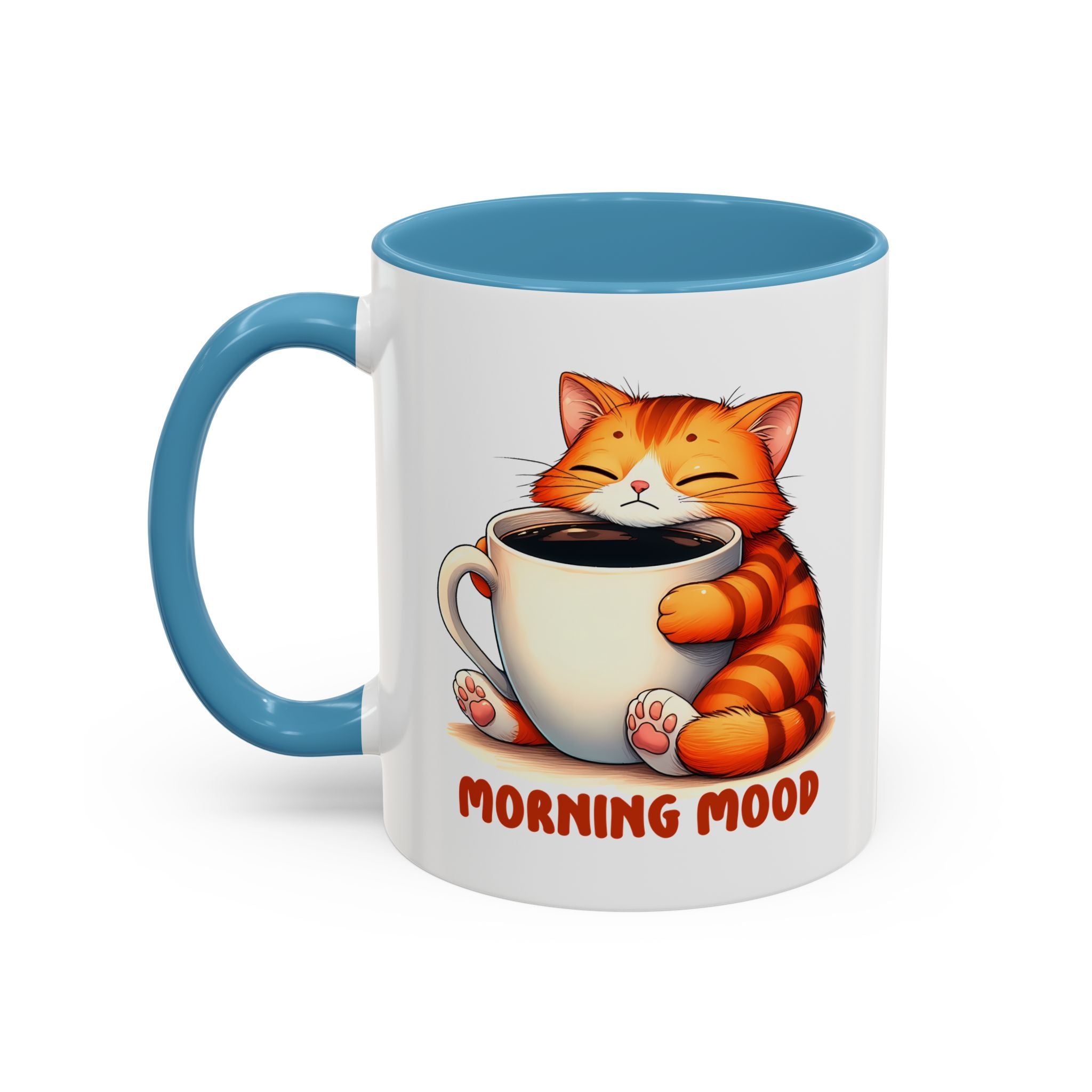 Morning Mood Cat Coffee Mug — Cute Orange Cat Holding Cup (11/15oz)
