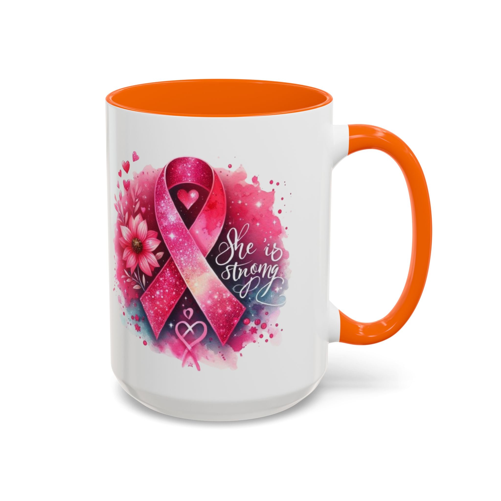 Breast Cancer Awareness Coffee Mug - Inspirational Gift, Motivational Drinkware, Supportive Cup, Pink Ribbon Design, She Is Strong