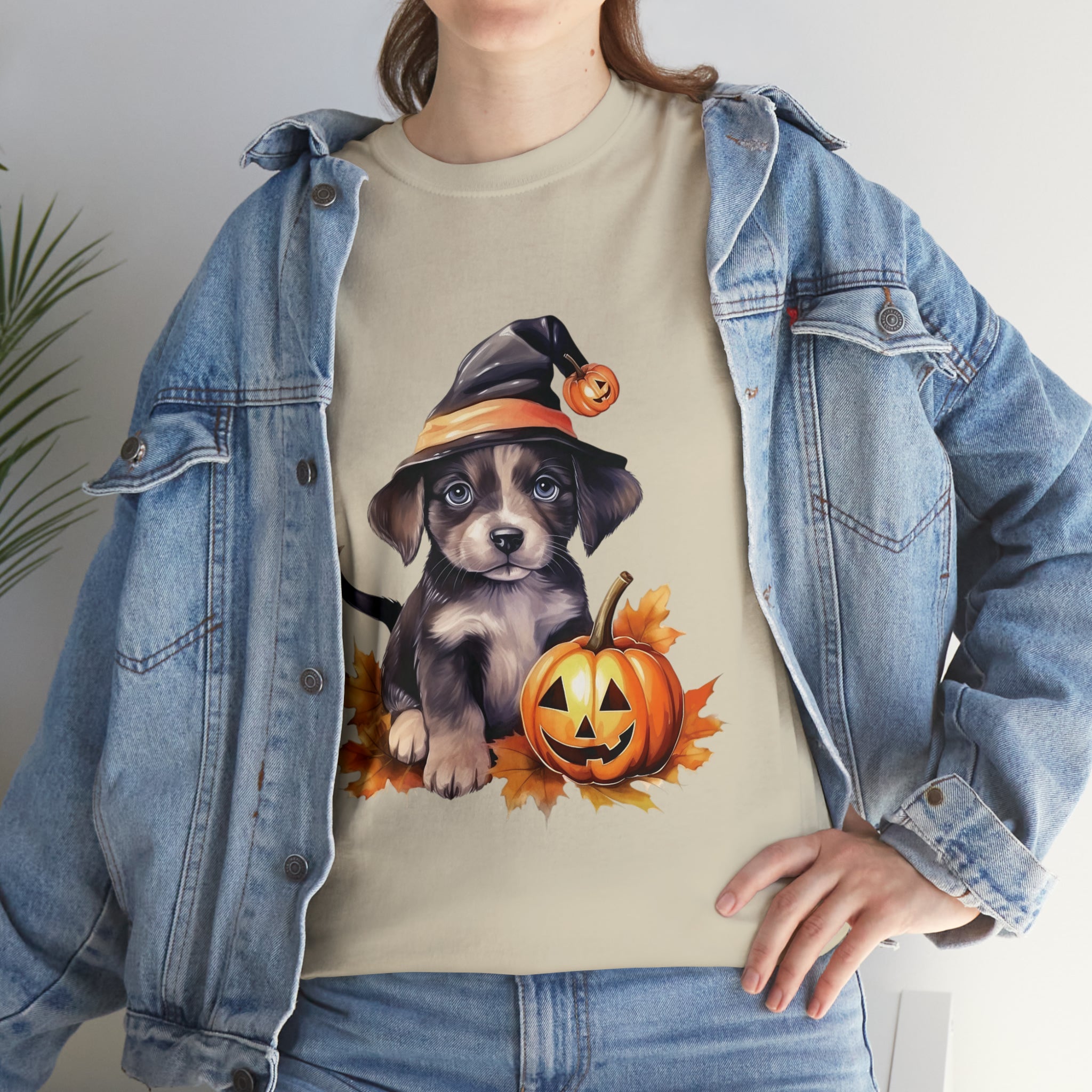 halloween t shirt puppy in witch hat cute gift for her stocking stuffer fall fun item for whole family Unisex Heavy Cotton Tee