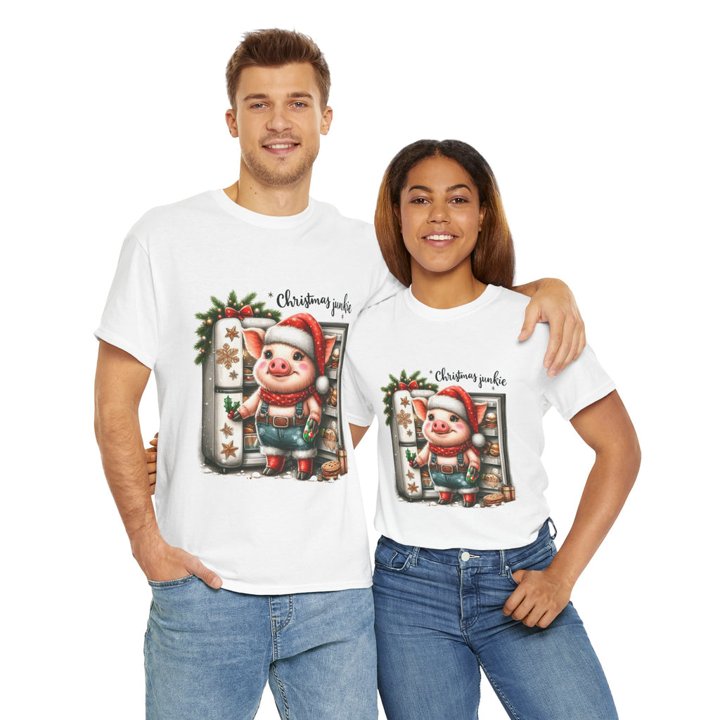 Christmas Junkie Unisex Cotton Tee, Fun Holiday Shirt, Christmas Gift, Pig T-Shirt, Festive Apparel, Cute Christmas Outfit