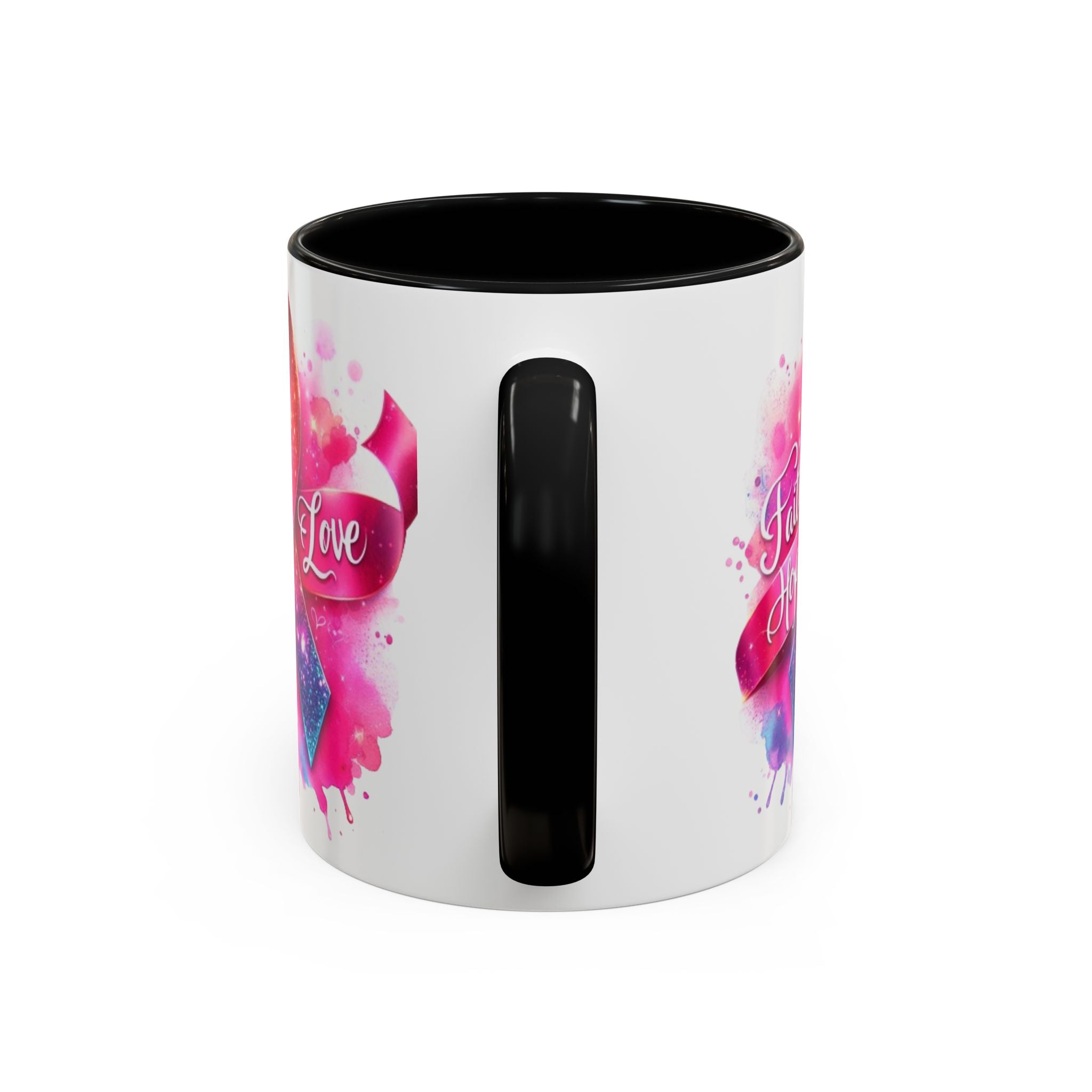 Inspirational Ribbon Coffee Mug - Faith, Hope, Love, Support, Gift for Cancer Awareness, Breast Cancer, Encouragement, Motivational