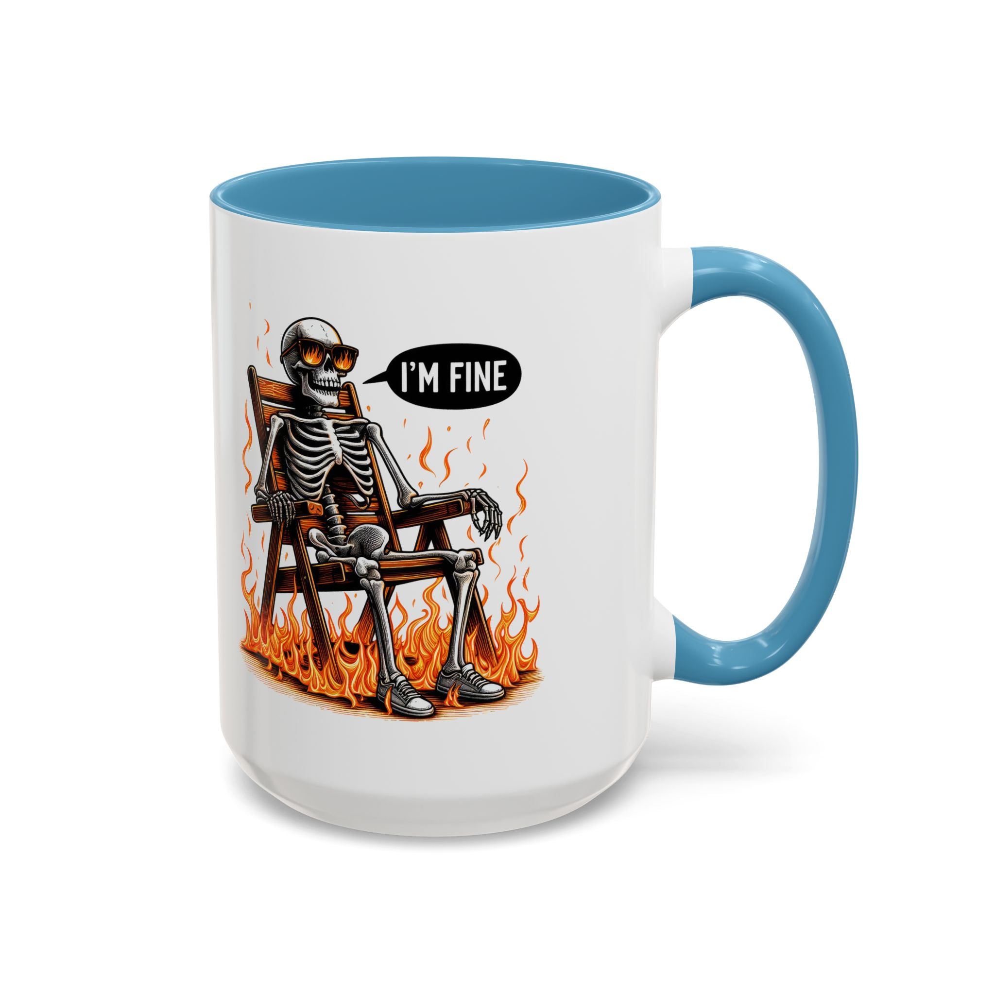 Funny I'M fine  Skeleton on fire Coffee Mug - Humor Gift for Halloween, Coffee Lovers,  Decor, Gag Gift, 11-15oz Accent Mug