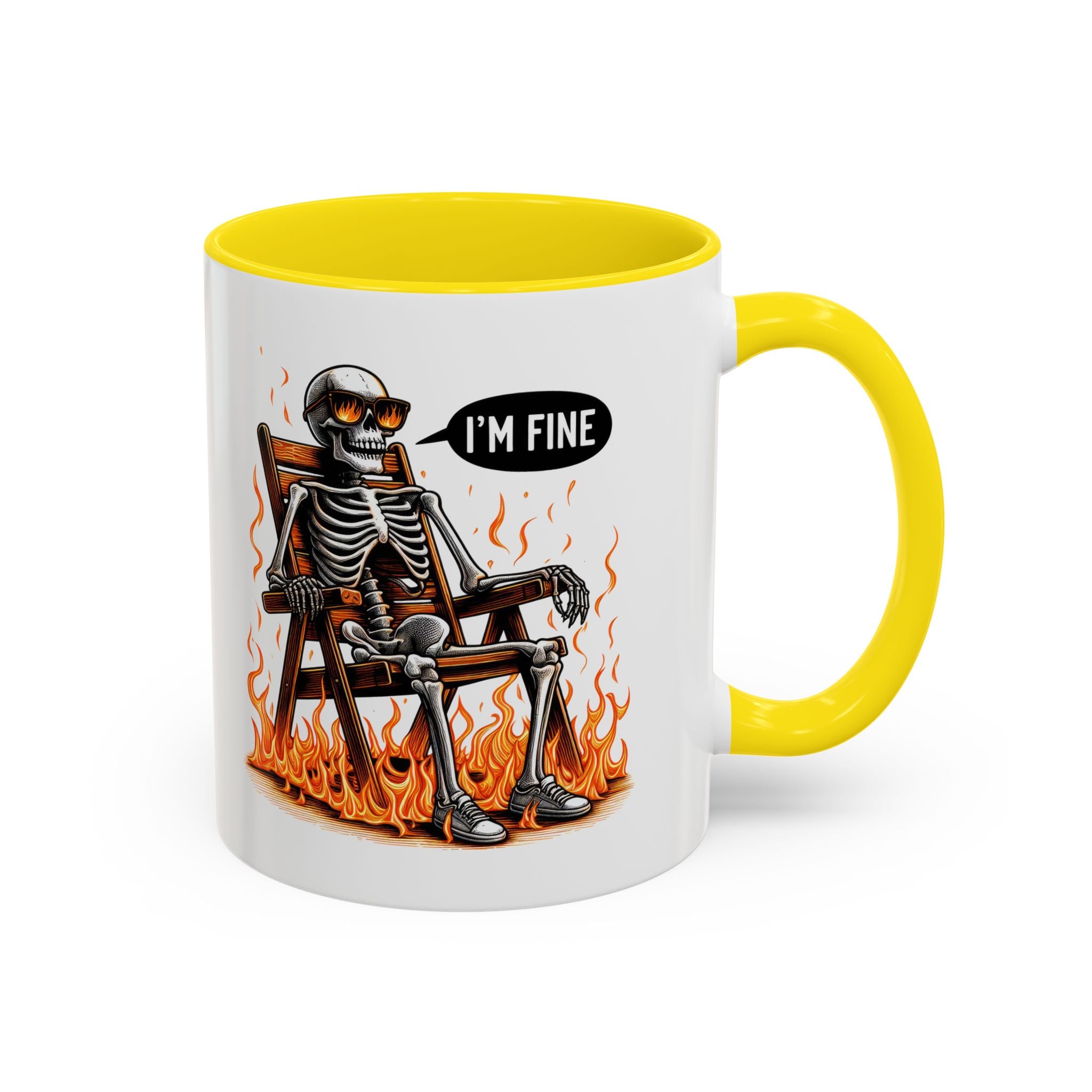 Funny I'M fine  Skeleton on fire Coffee Mug - Humor Gift for Halloween, Coffee Lovers,  Decor, Gag Gift, 11-15oz Accent Mug