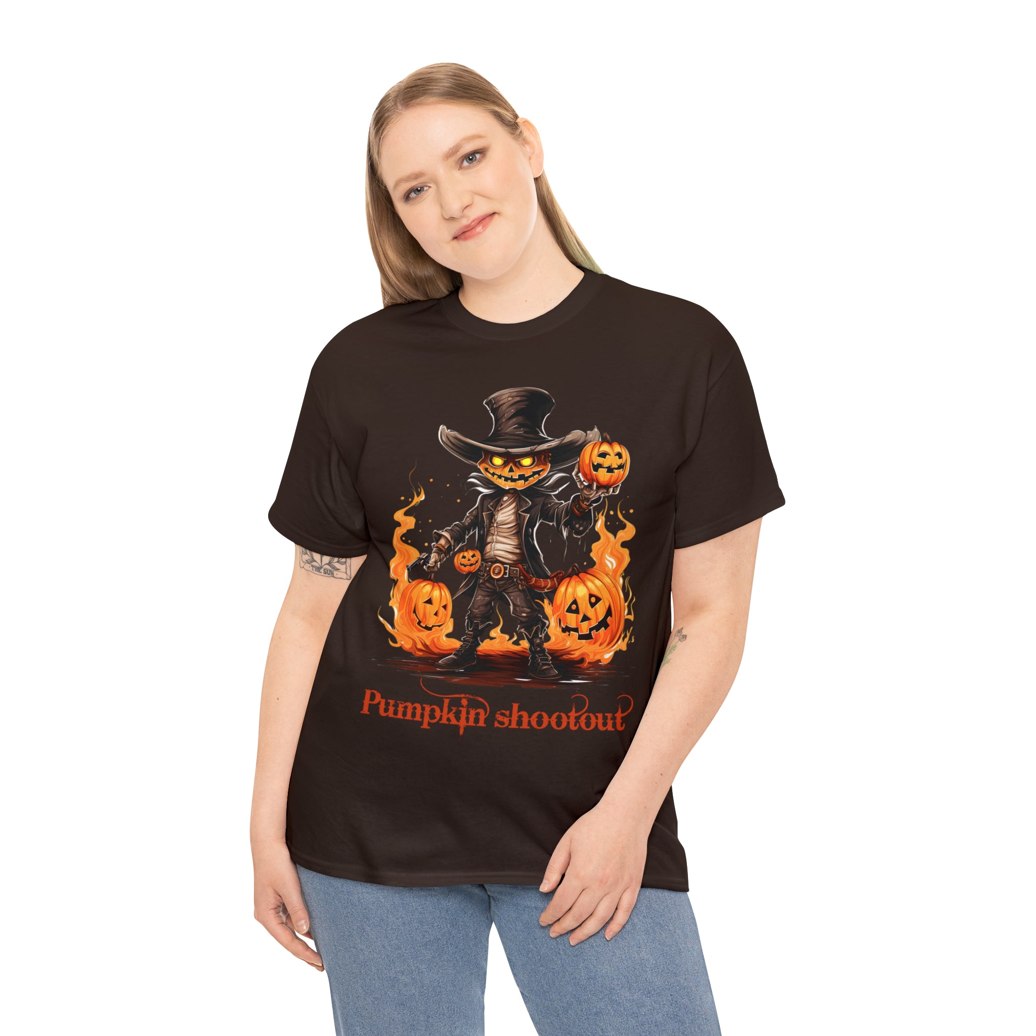 Halloween t shirt pumpkin western style shootout funny fall fun scary stocking stuffer for whole family  cotton tee