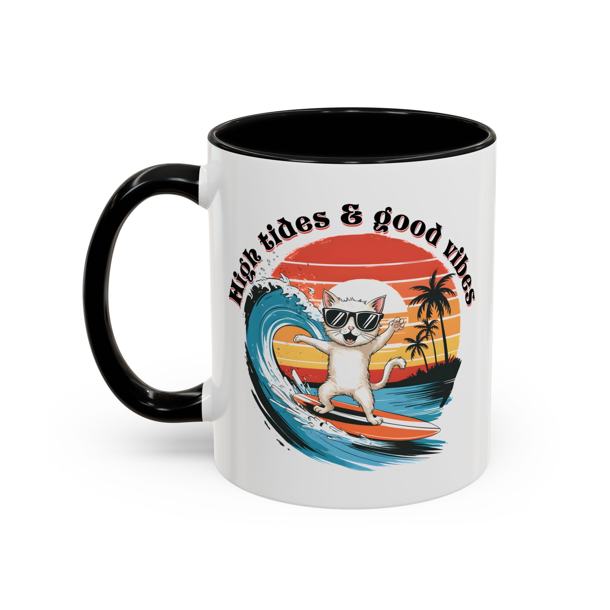 Surfing Cat Coffee Mug - High Tides & Good Vibes - Beach Lover Gift animal lover funny