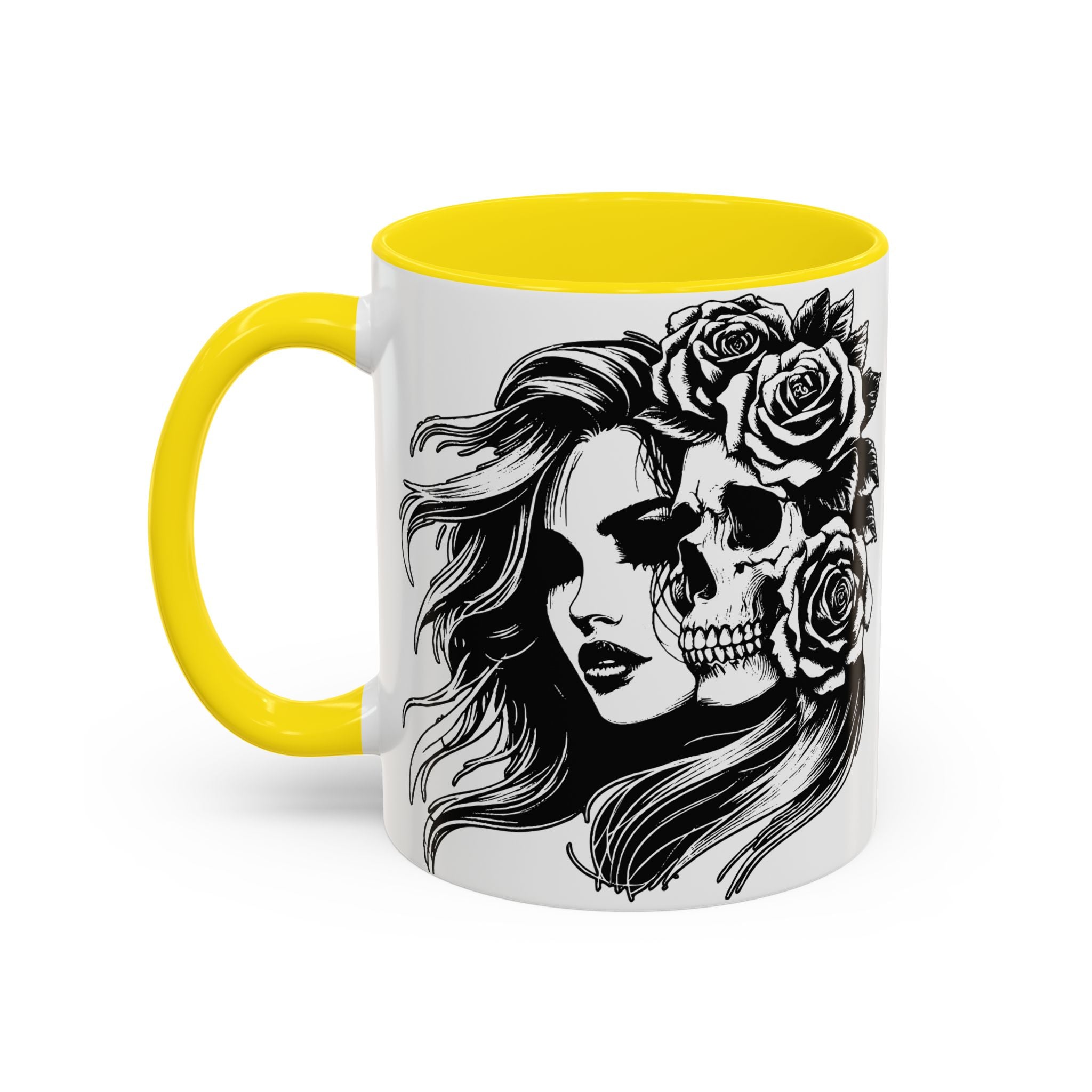 Skull & Rose Accent Coffee Mug — Gothic Half-Skull Woman 11/15oz