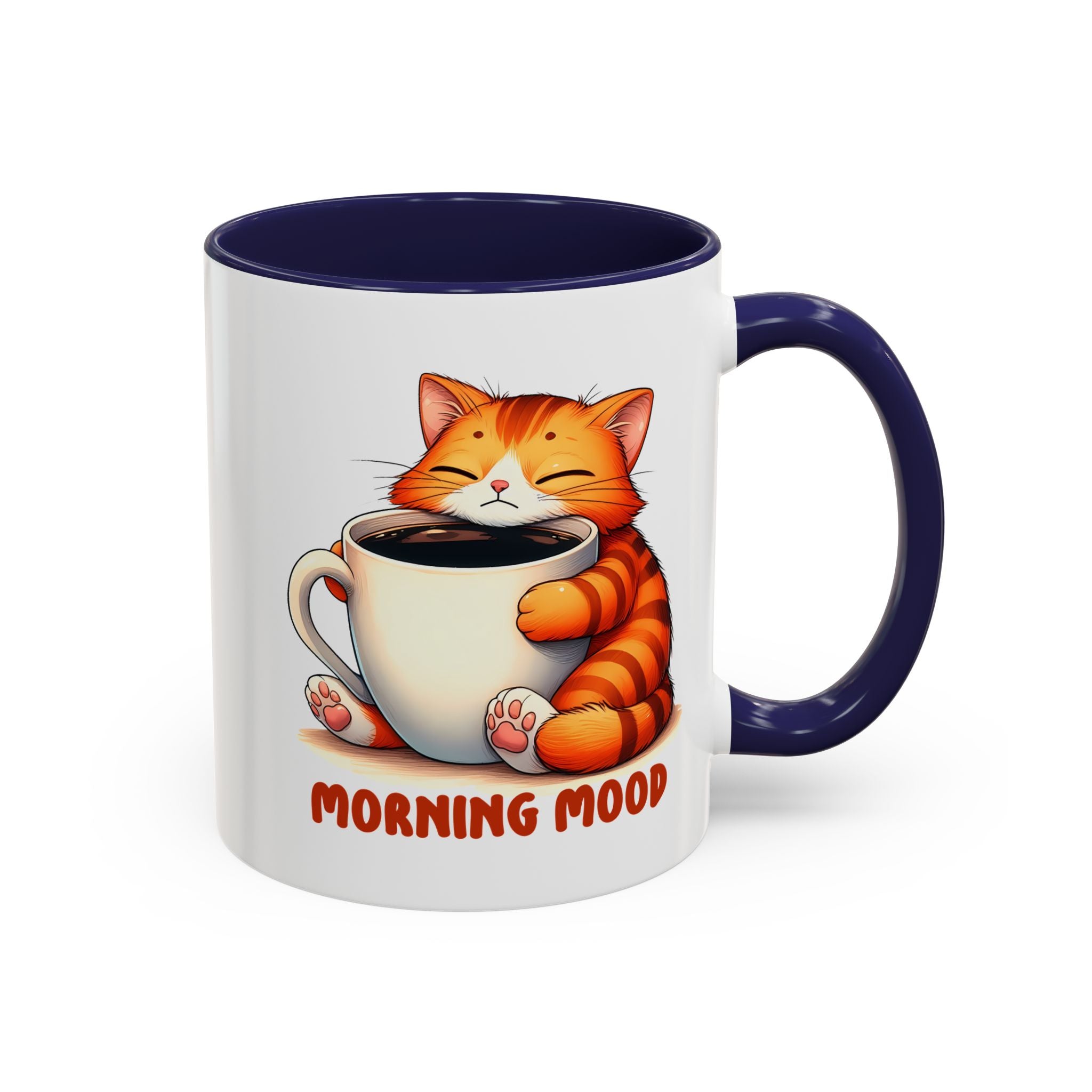 Morning Mood Cat Coffee Mug — Cute Orange Cat Holding Cup (11/15oz)