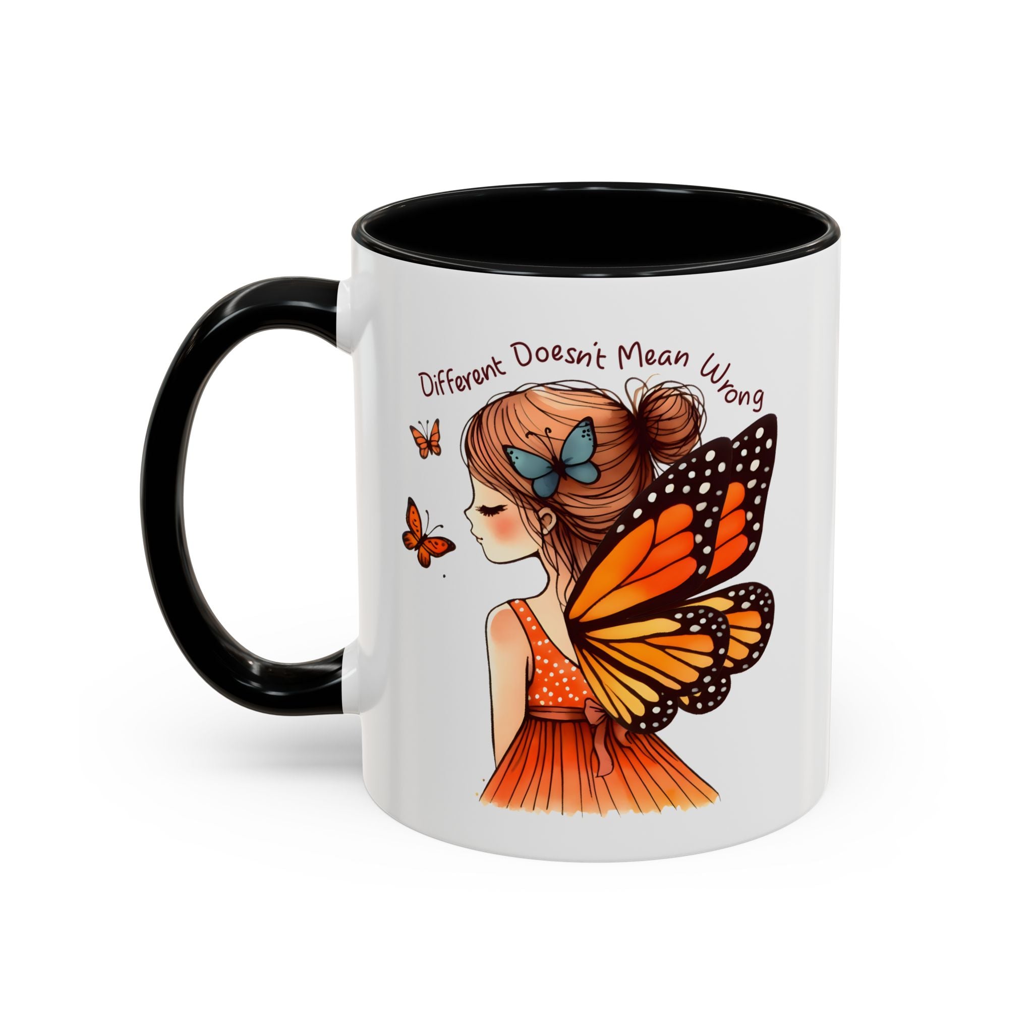 Butterfly Girl Accent Coffee Mug – "Different Doesn't Mean Wrong" Inspirational Tea Mug