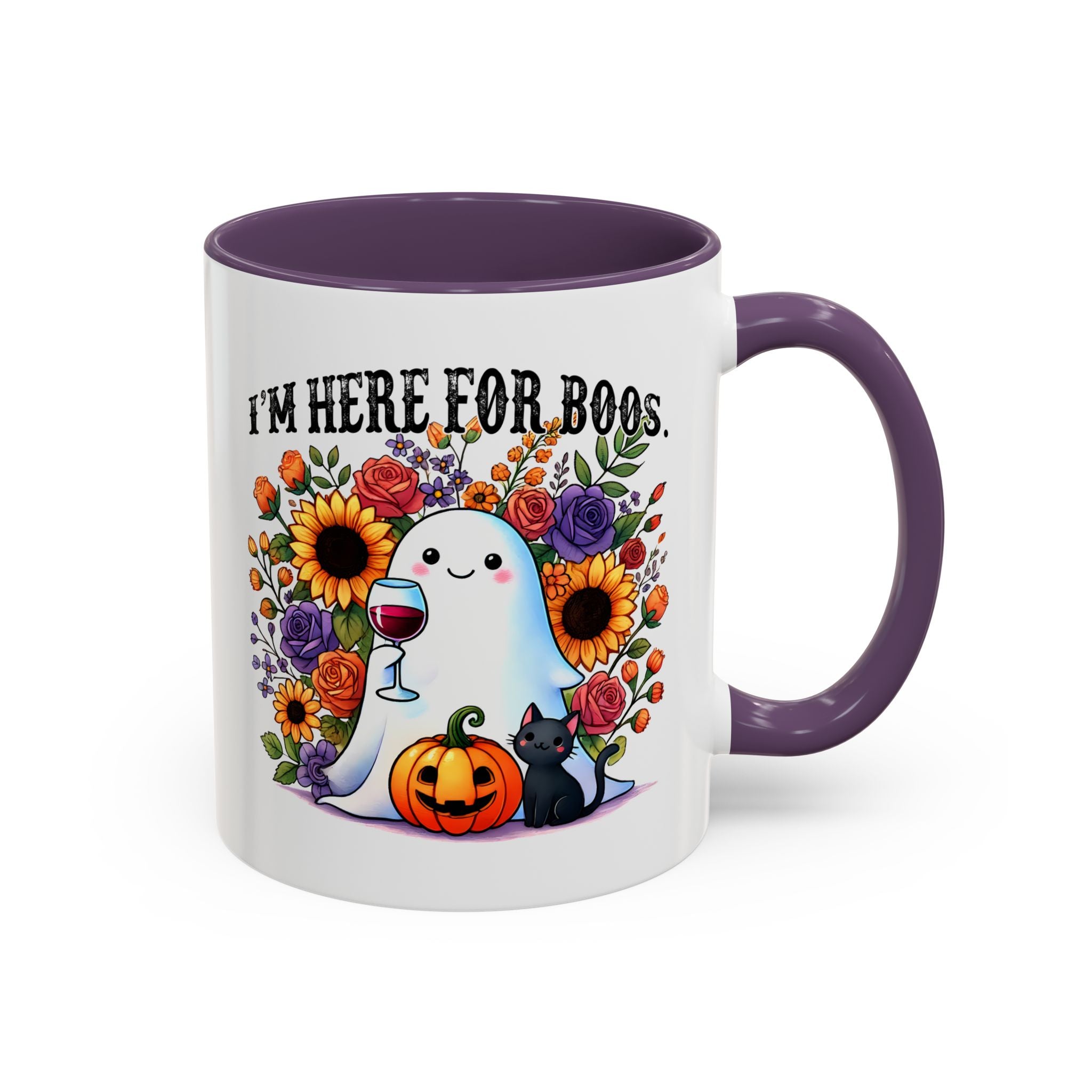 Spooky Floral Coffee Mug - I'm Here for Boos, Halloween Gift, Autumn Decor, Cute Ghost Mug, Cat Lover Drinkware