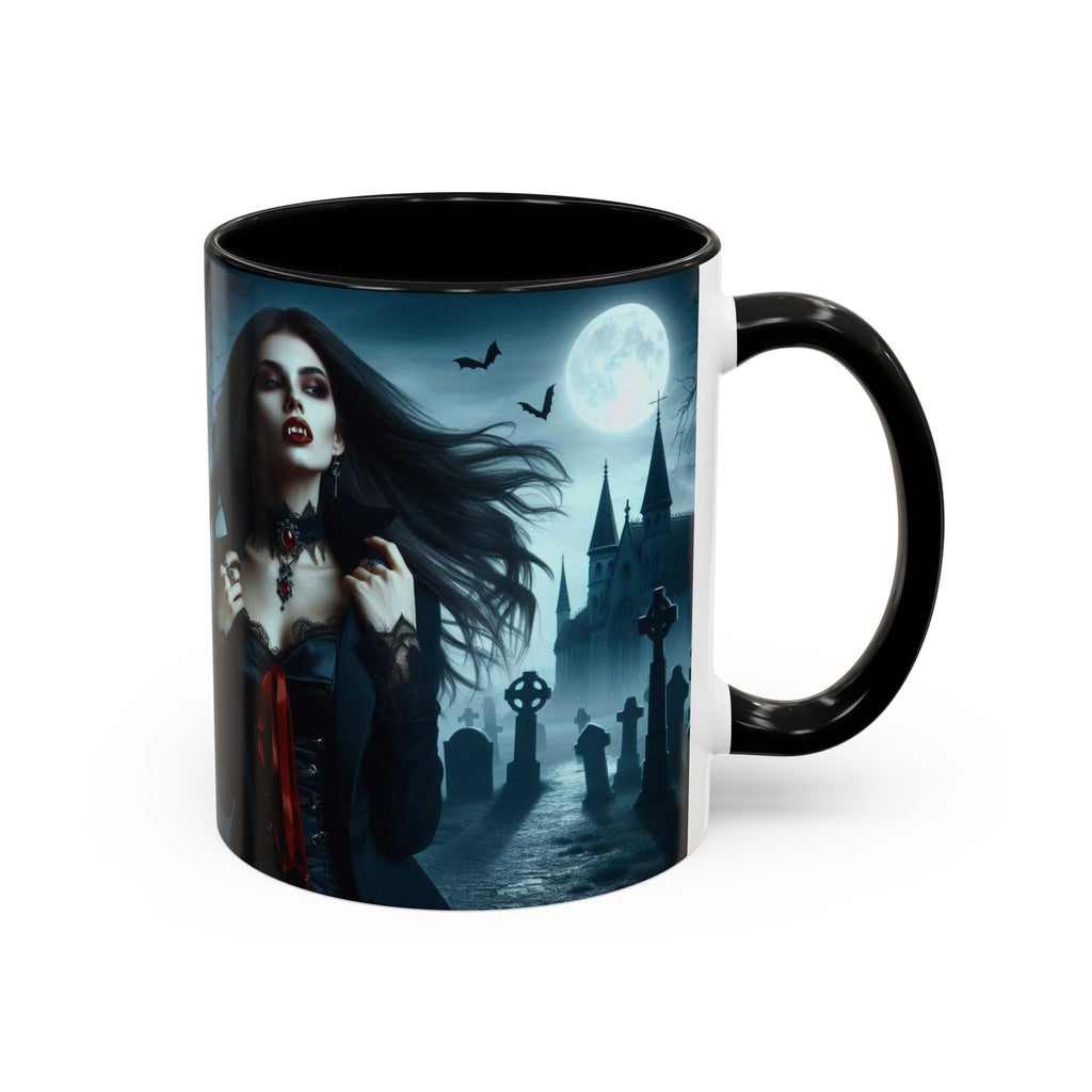 Gothic Vampire Coffee Mug - Spooky Halloween Drinkware in graveyard by castle