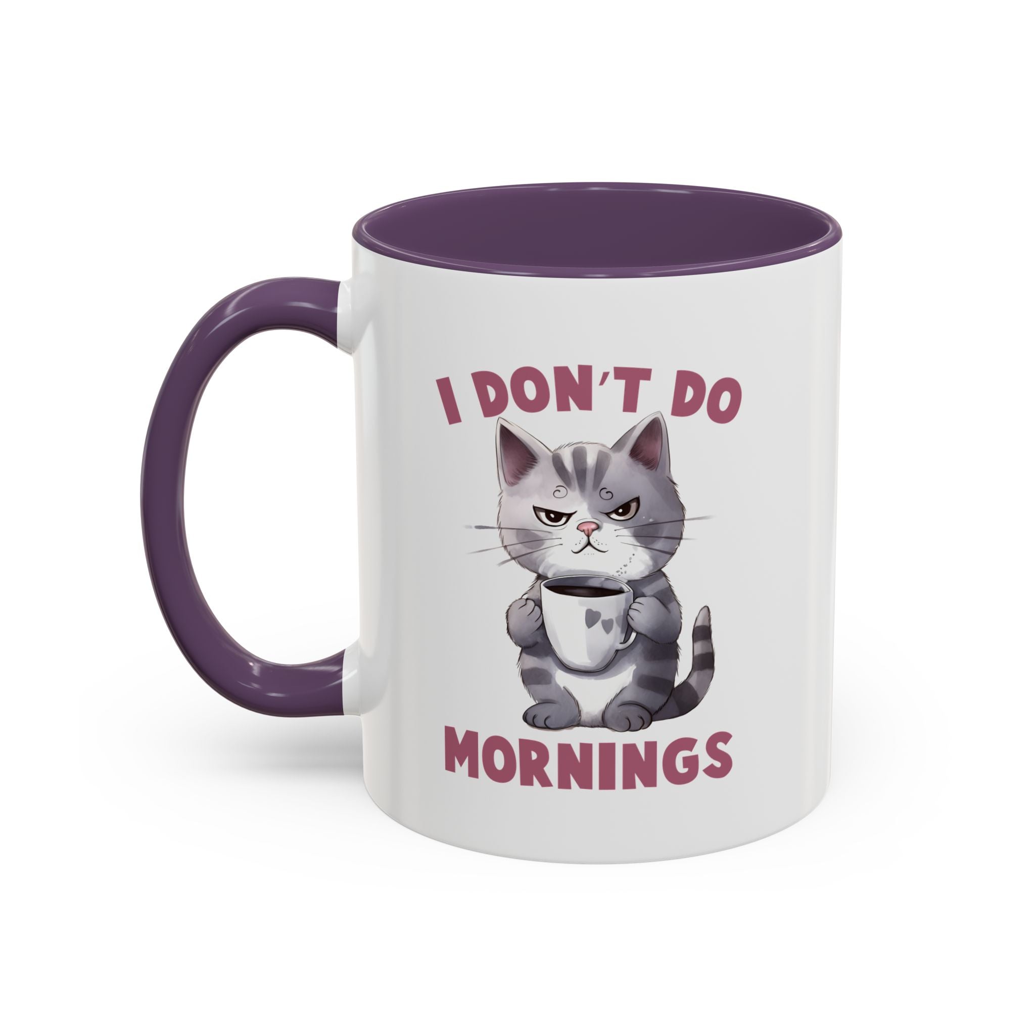 Funny Cat Coffee Mug, Cute Gift for Cat Lovers, I Don't Do Mornings, Black Accent Mug, Coffee Lover's Humor, Gift for Pet Owners