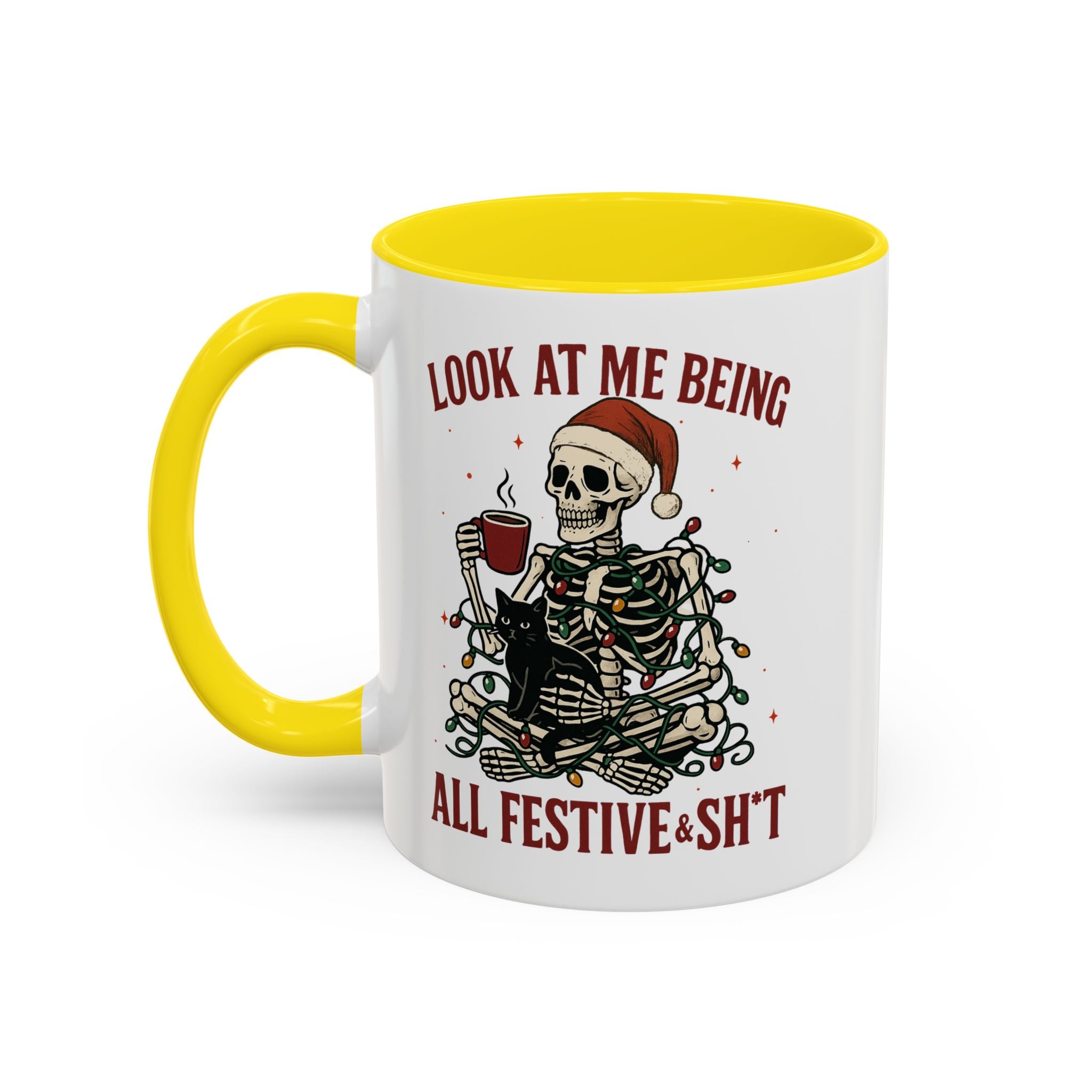 Festive Skeleton Coffee Mug, Unique Holiday Gift, Halloween Decor, Cat Lover's Mug, Funny Gift for Friends