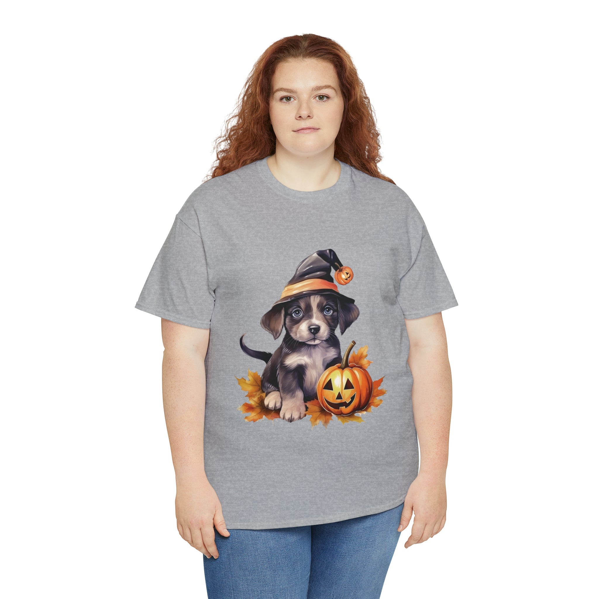 halloween t shirt puppy in witch hat cute gift for her stocking stuffer fall fun item for whole family Unisex Heavy Cotton Tee