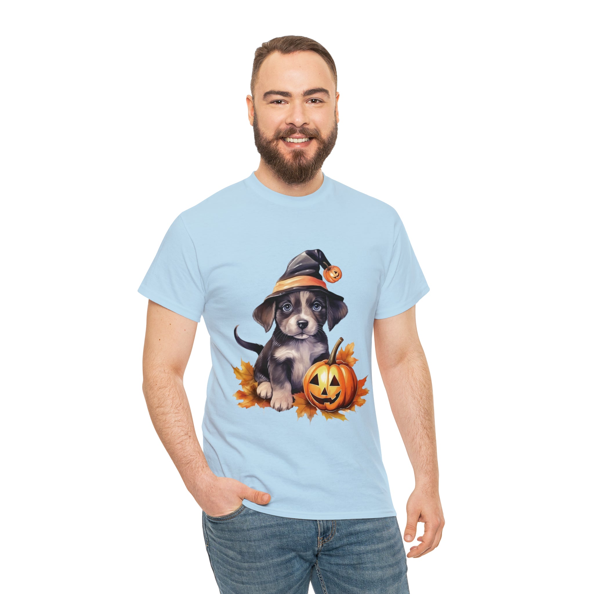 halloween t shirt puppy in witch hat cute gift for her stocking stuffer fall fun item for whole family Unisex Heavy Cotton Tee