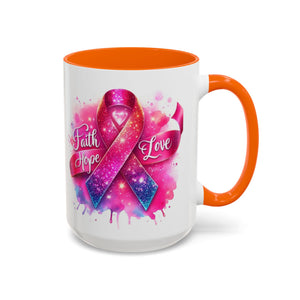 Inspirational Ribbon Coffee Mug - Faith, Hope, Love, Support, Gift for Cancer Awareness, Breast Cancer, Encouragement, Motivational