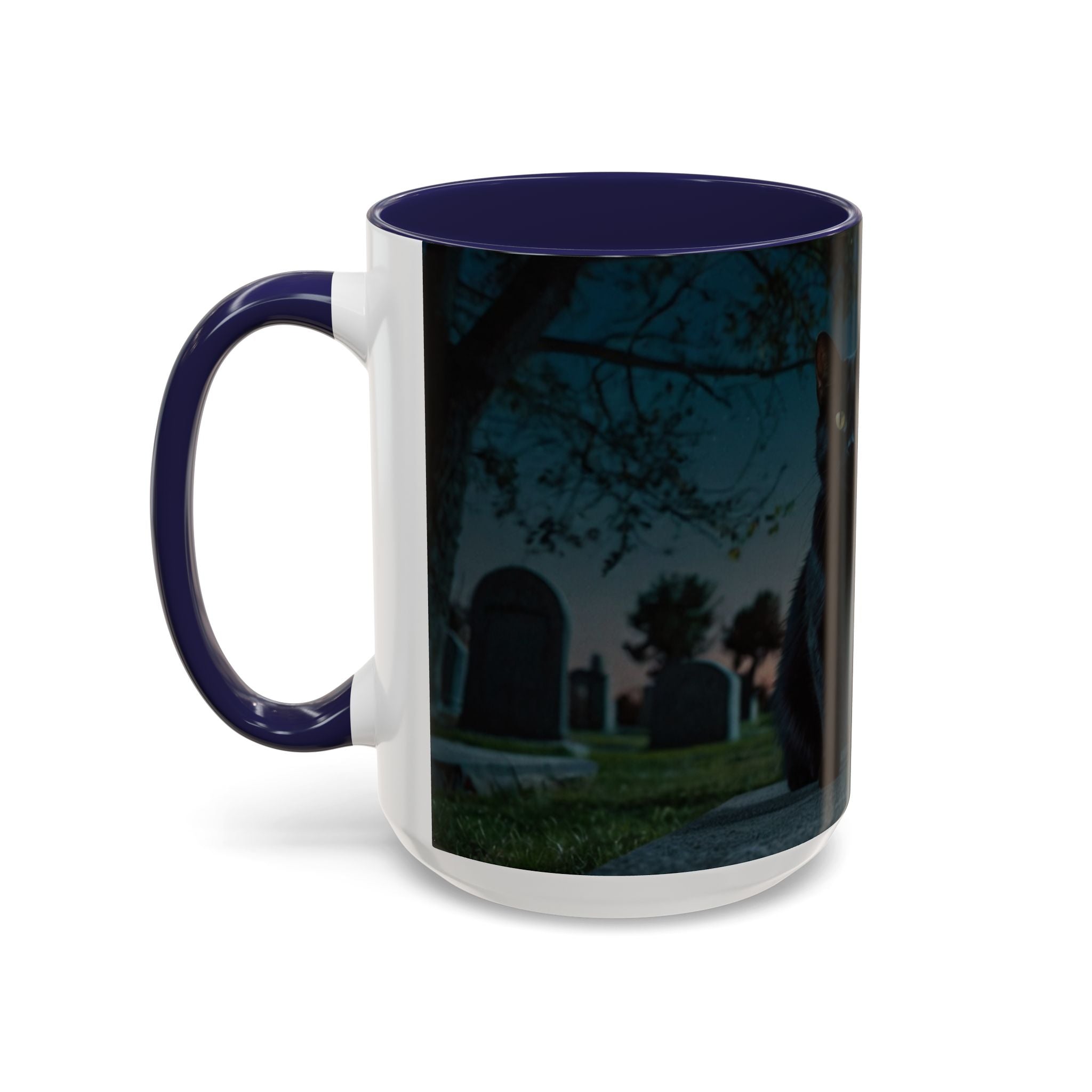 Spooky Black Cat Accent Coffee Mug in graveyard at night with full moon halloween