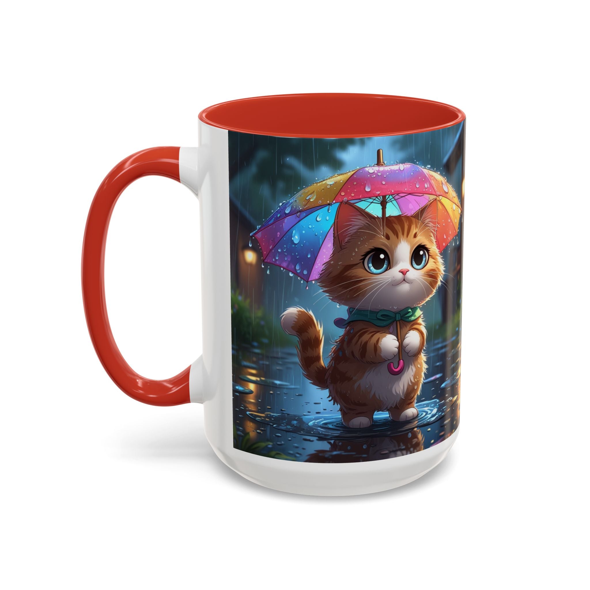 Cute Rainy Day Cat Mug — Kawaii Kitten with Rainbow Umbrella Coffee Cup (11/15oz)