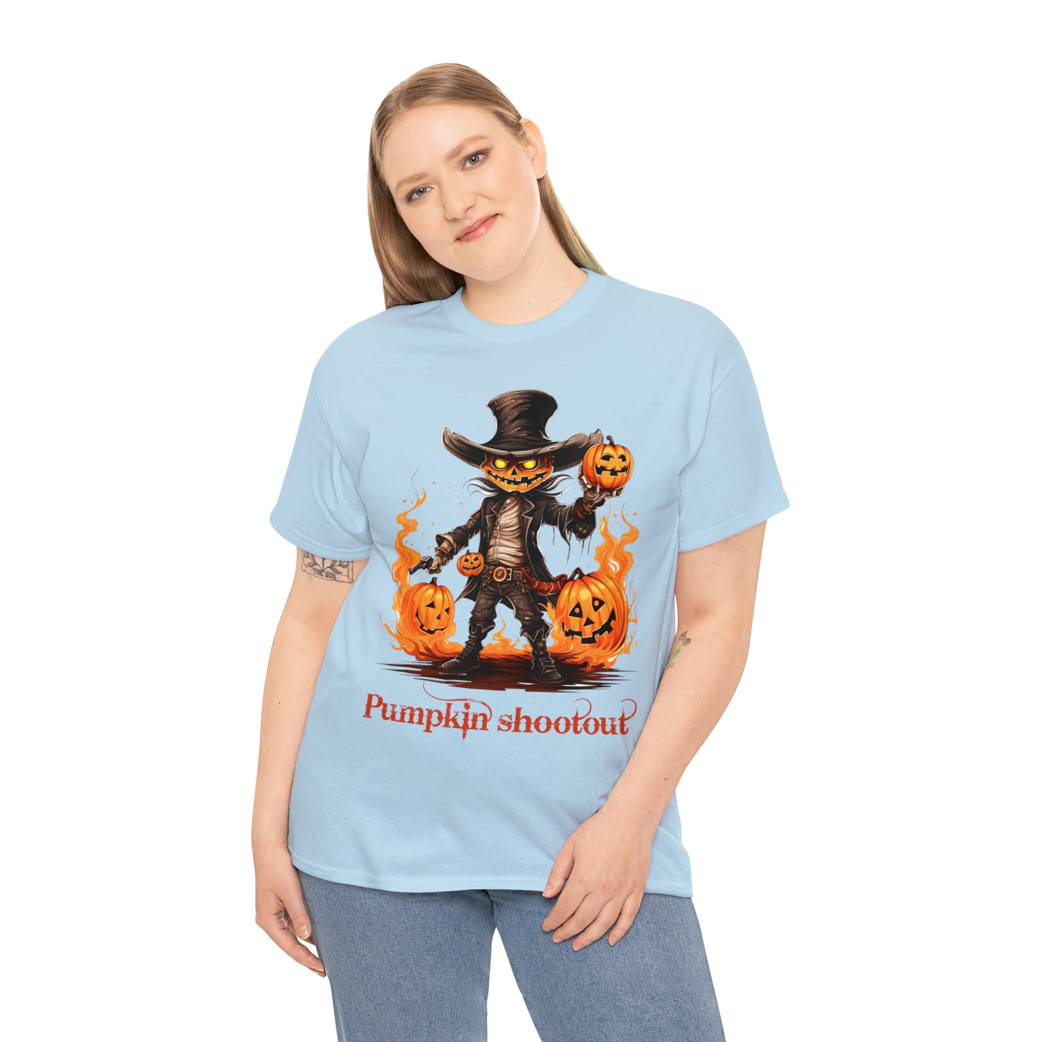 Halloween t shirt pumpkin western style shootout funny fall fun scary stocking stuffer for whole family  cotton tee