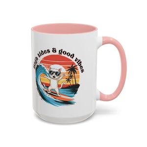 Surfing Cat Coffee Mug - High Tides & Good Vibes - Beach Lover Gift animal lover funny
