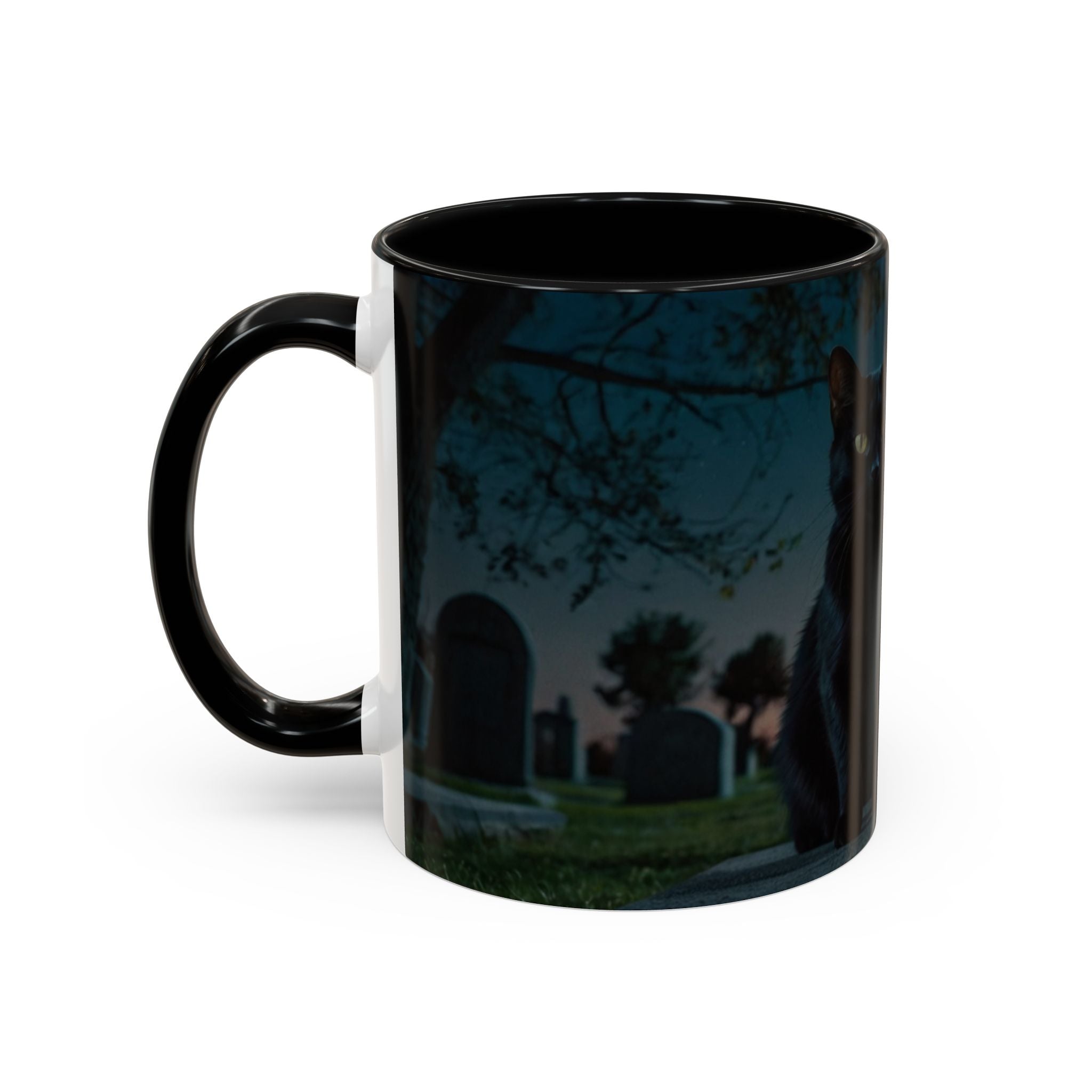 Spooky Black Cat Accent Coffee Mug in graveyard at night with full moon halloween