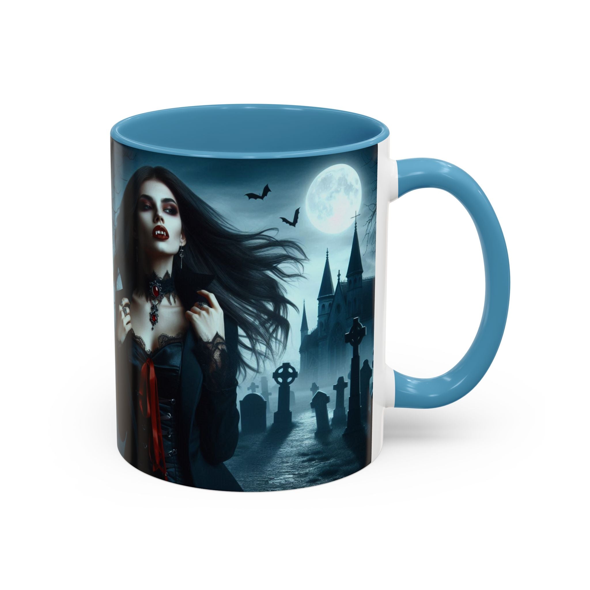 Gothic Vampire Coffee Mug - Spooky Halloween Drinkware in graveyard by castle