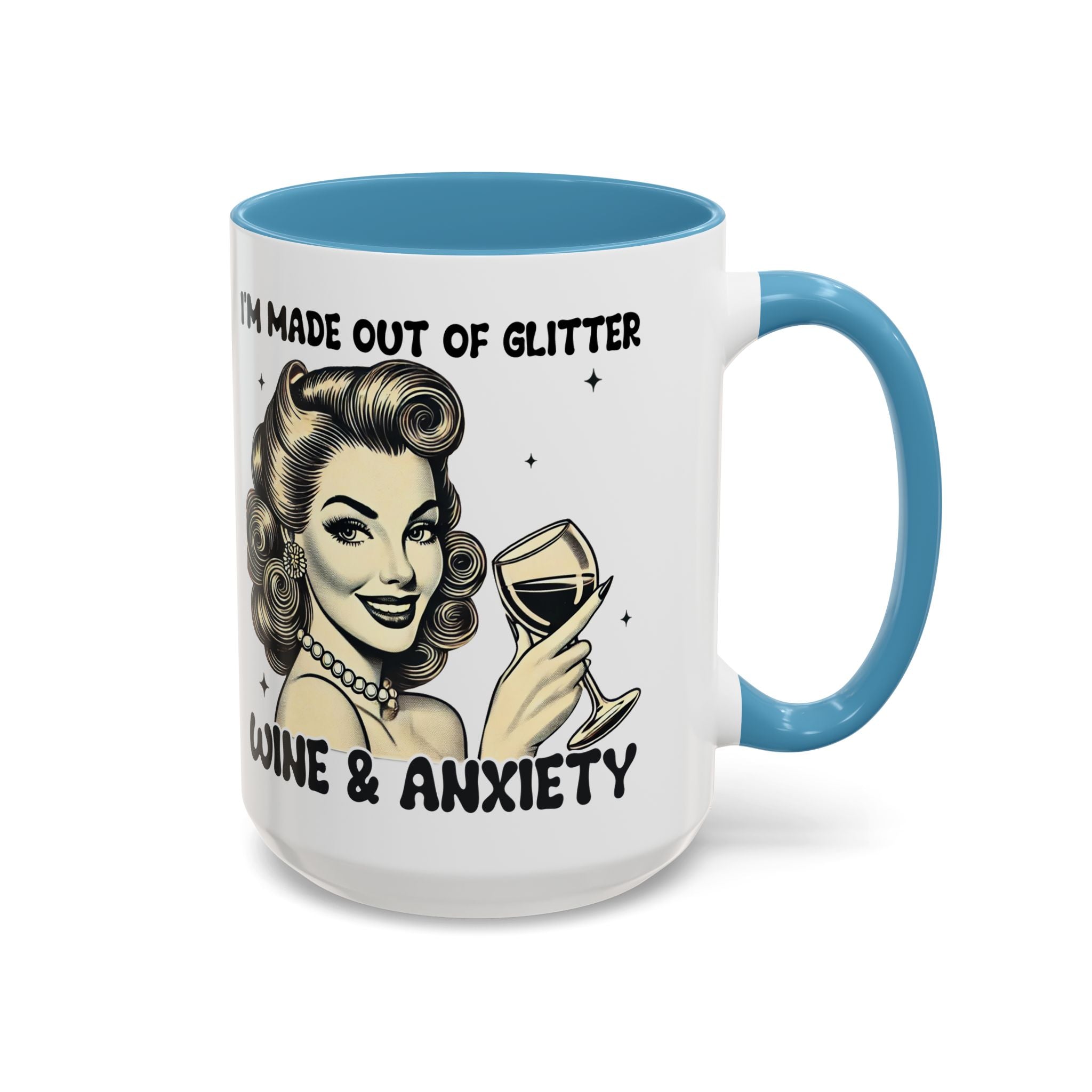 Wine & Anxiety Coffee Mug — "I'm Made Out of Glitter, Wine & Anxiety" Retro Accent Mug